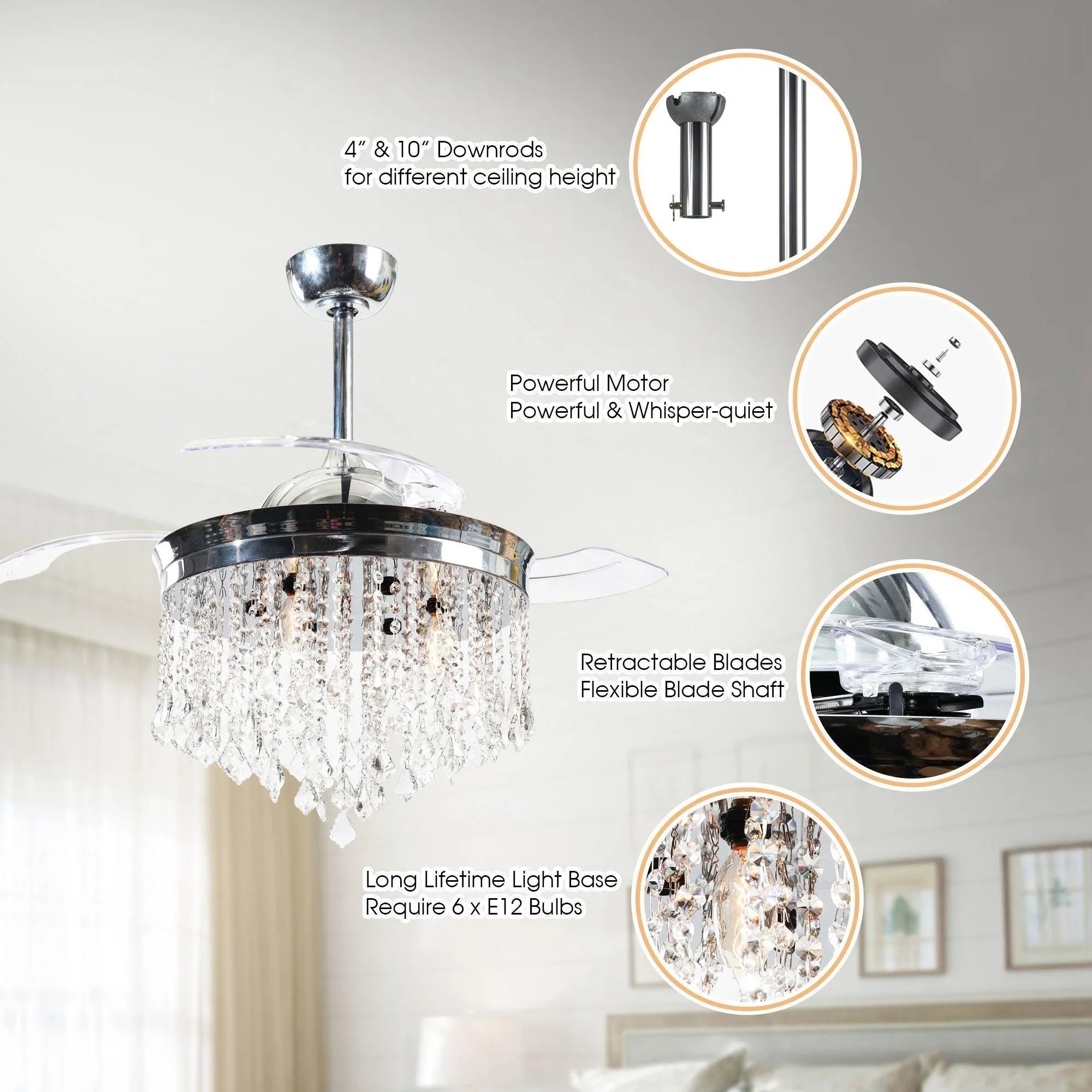 42" Mateo Modern Downrod Mount Crystal Ceiling Fan with Lighting and Remote Control - ParrotUncle