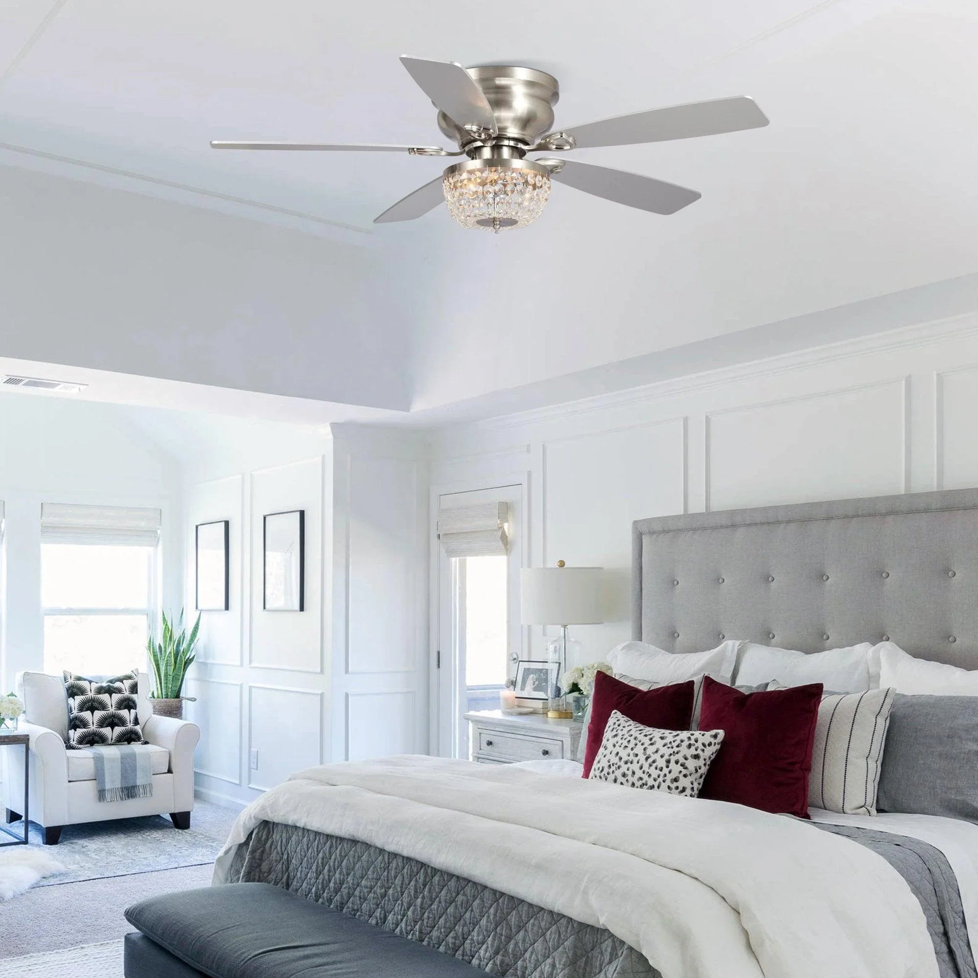 48" Modern Flush Mount Reversible Crytsal Ceiling Fan with Lighting and Remote Control - ParrotUncle