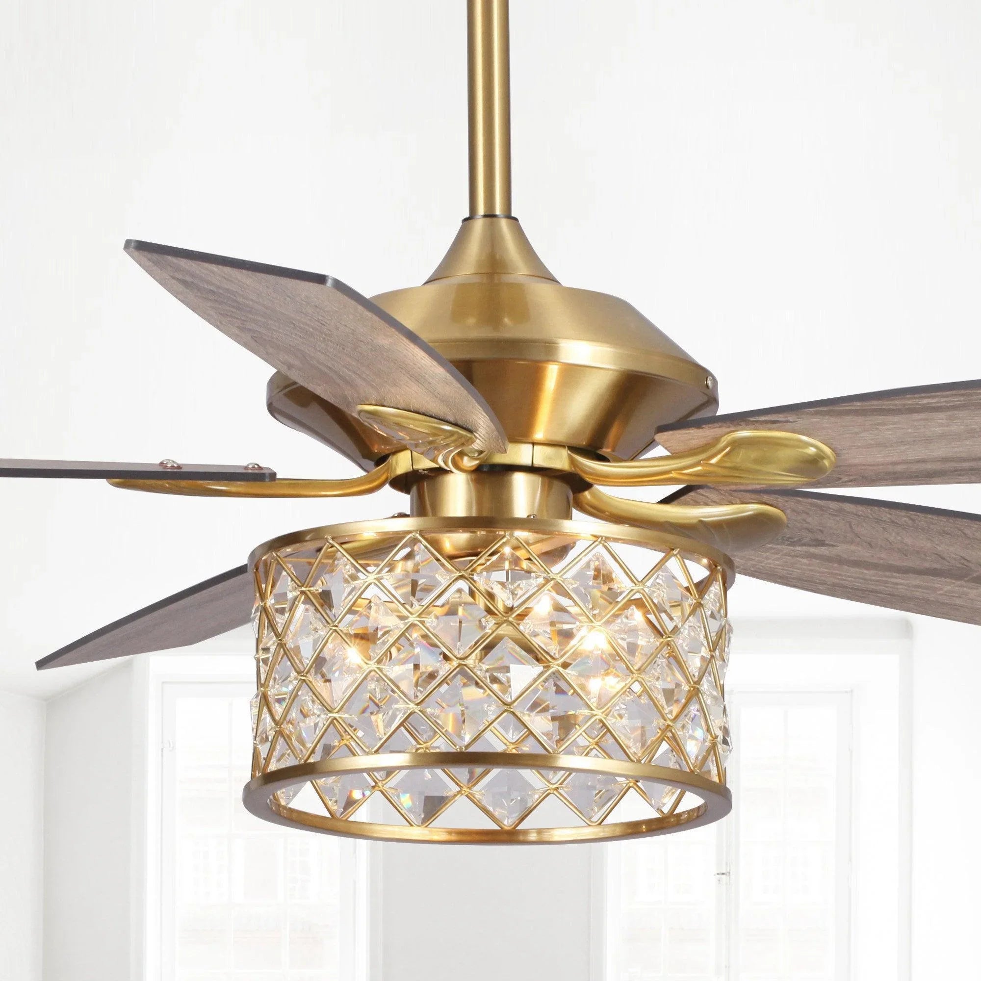 52" Cochin Industrial Downrod Mount Reversible Crystal Ceiling Fan with Lighting and Remote Control - ParrotUncle