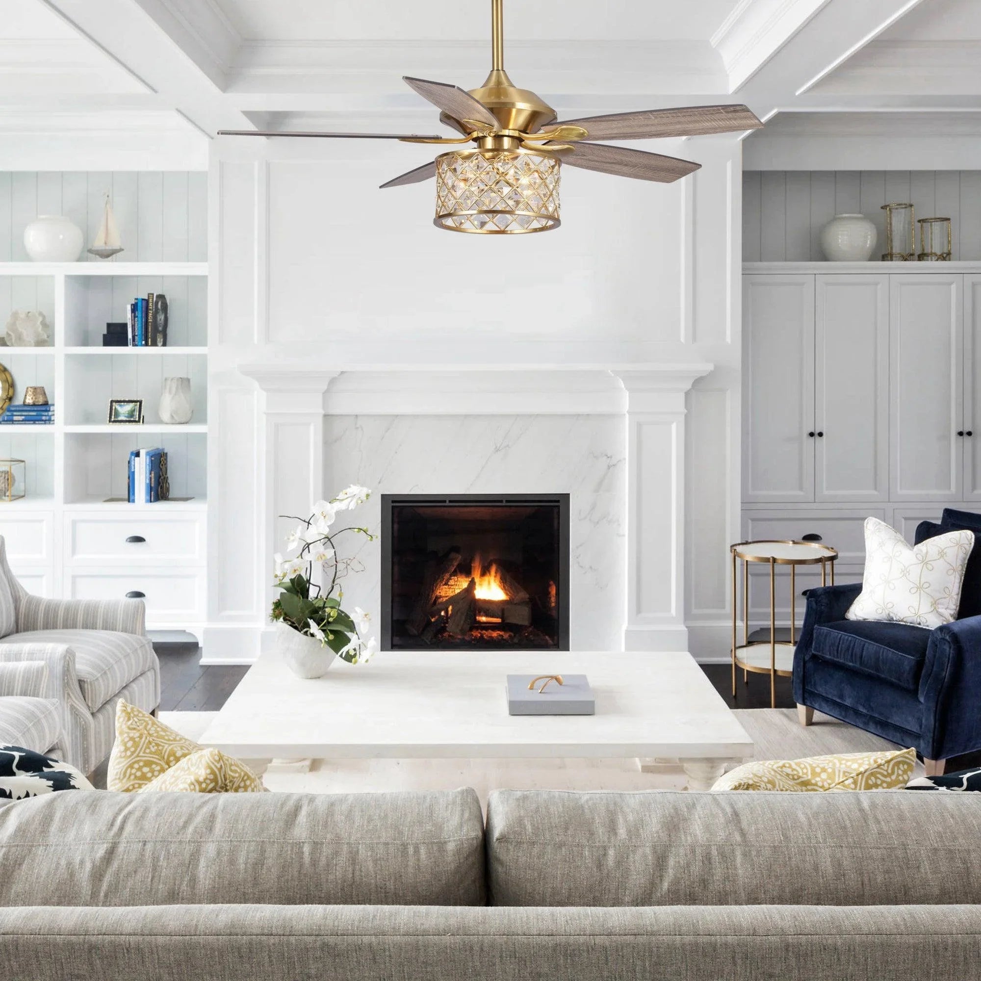 52" Cochin Industrial Downrod Mount Reversible Crystal Ceiling Fan with Lighting and Remote Control - ParrotUncle