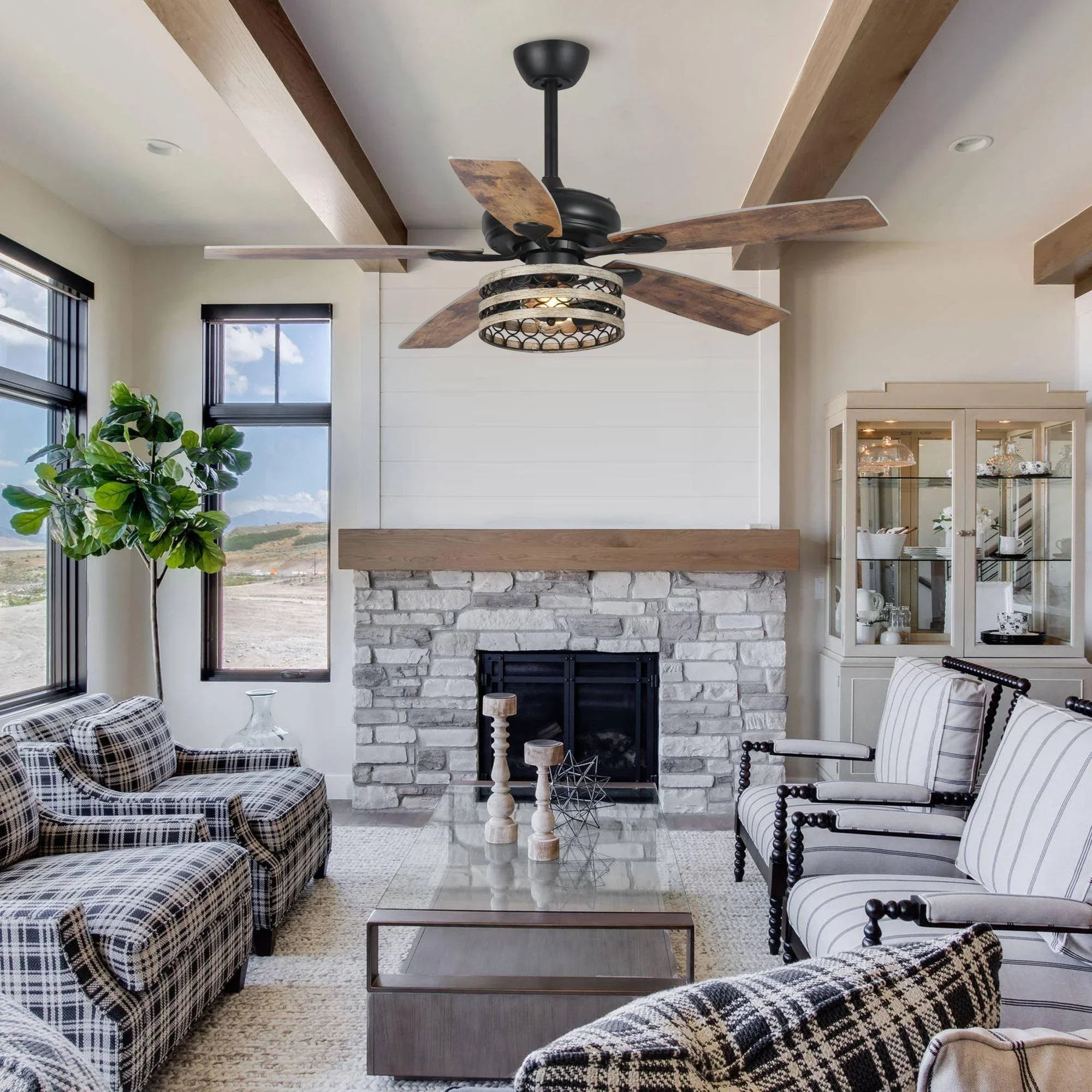 52" Hyderabad-Secunderabad Farmhouse Downrod Mount Reversible Ceiling Fan with Lighting and Remote Control - ParrotUncle
