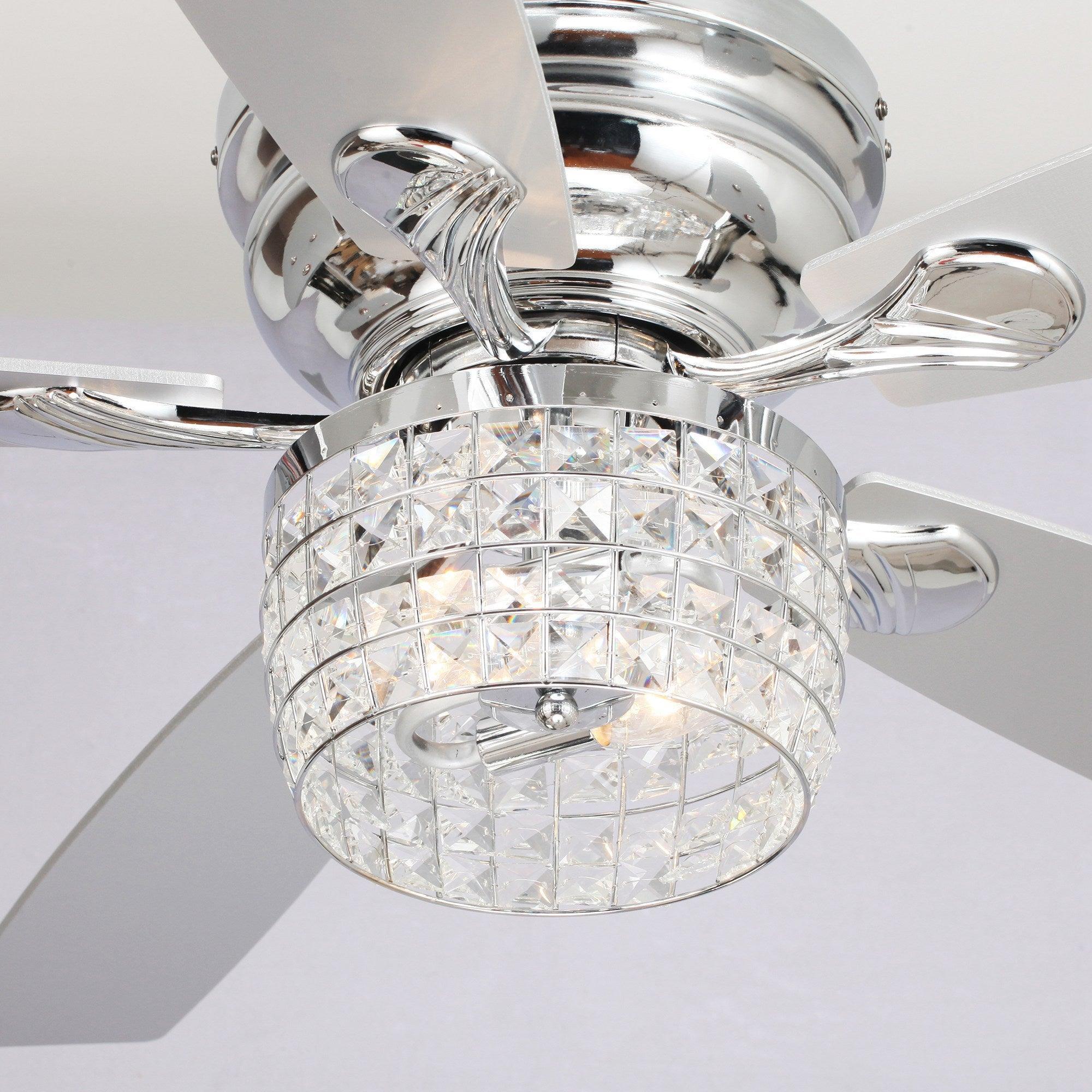 52" Panipat Modern Chrome Flush Mount Reversible Crystal Ceiling Fan with Lighting and Remote Control - ParrotUncle