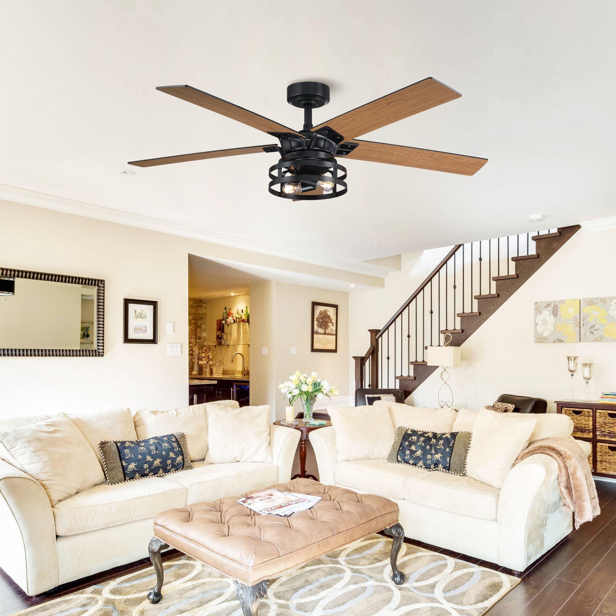 52" Prayag Industrial Downrod Mount Reversible Ceiling Fan with Lighting and Remote Control - ParrotUncle