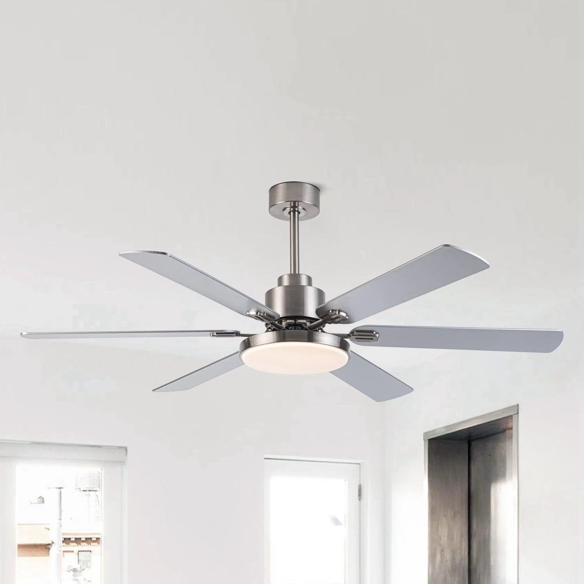 60" Lucknow Modern Satin Nickel DC Motor Downrod Mount Reversible Ceiling Fan with Lighting and Remote Control - ParrotUncle