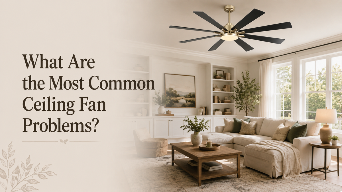 Modern black ceiling fan with gold accents and multiple blades installed in a living room.