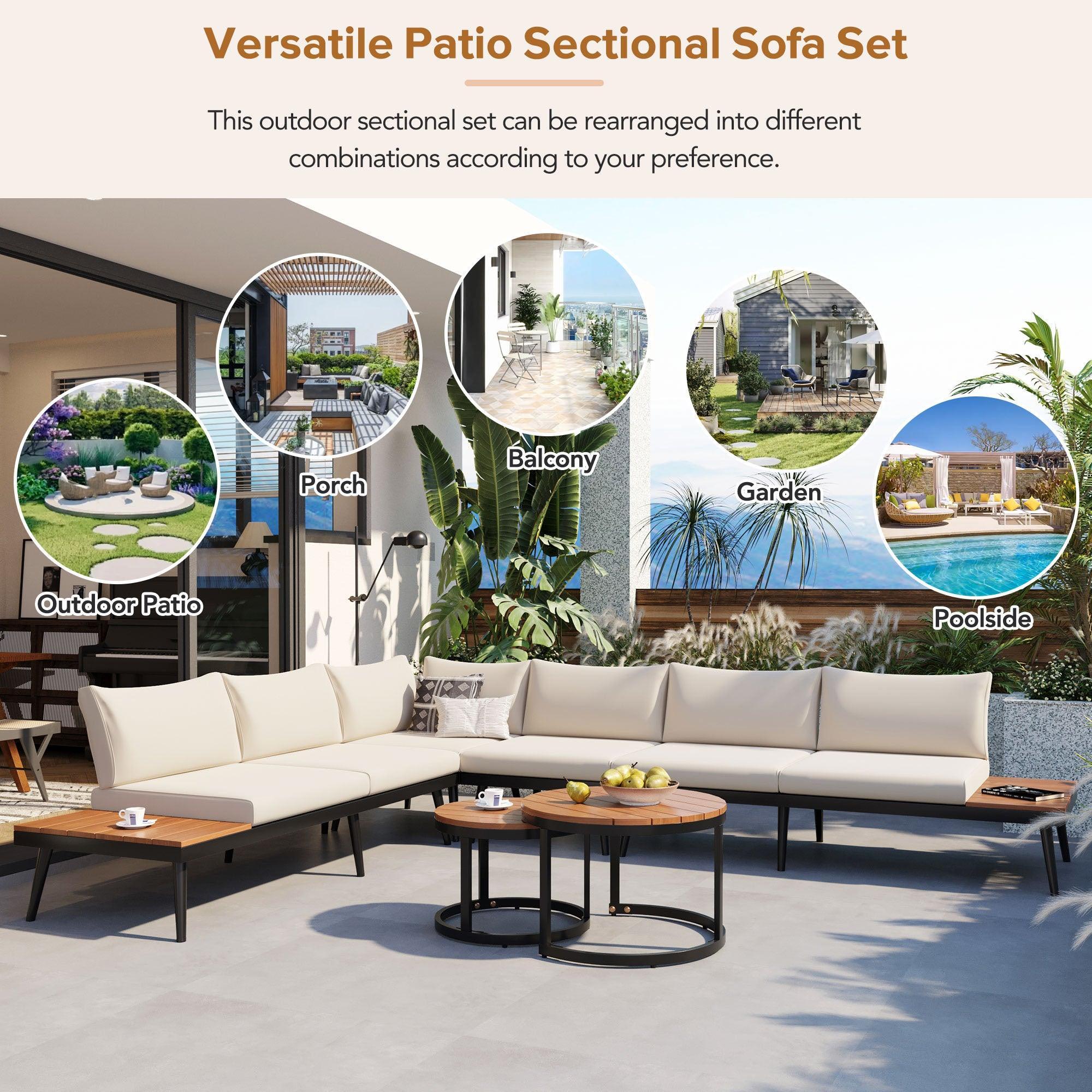 6-Piece Outdoor Sectional Sofa Set with Round Nesting Coffee Tables and Seating Sofa with Cushions for Patio, Porch and Garden