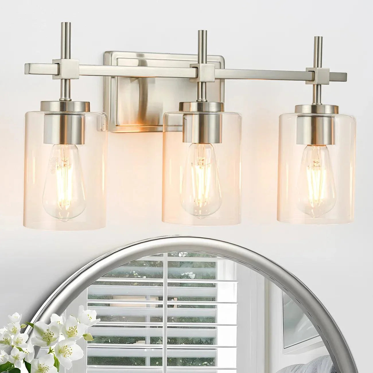 Jasper 3-Light Modern Clear Glass Bathroom Vanity Light, Black & Nickel