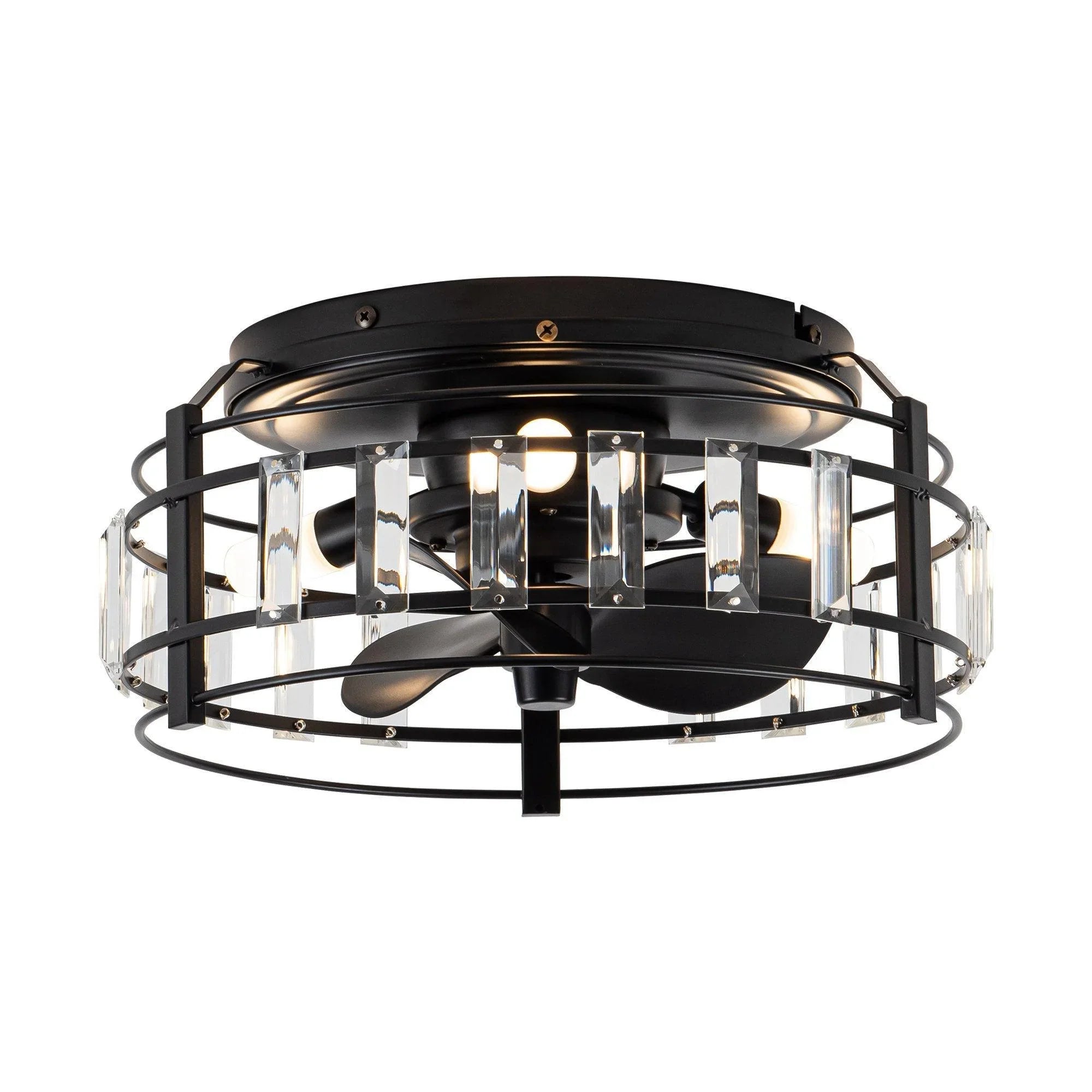 13" Industrial DC Motor Flush Mount Reversible Crystal Ceiling Fan with Lighting and Remote Control - ParrotUncle