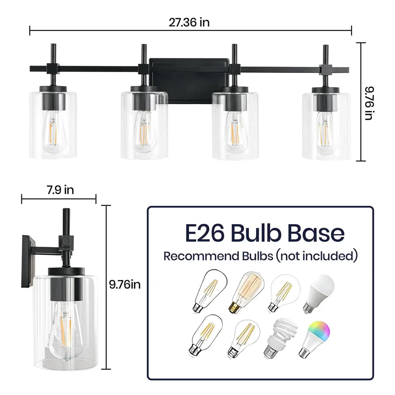 Jasper Modern 4-Light Clear Glass Bathroom Lights Linear Vanity Light
