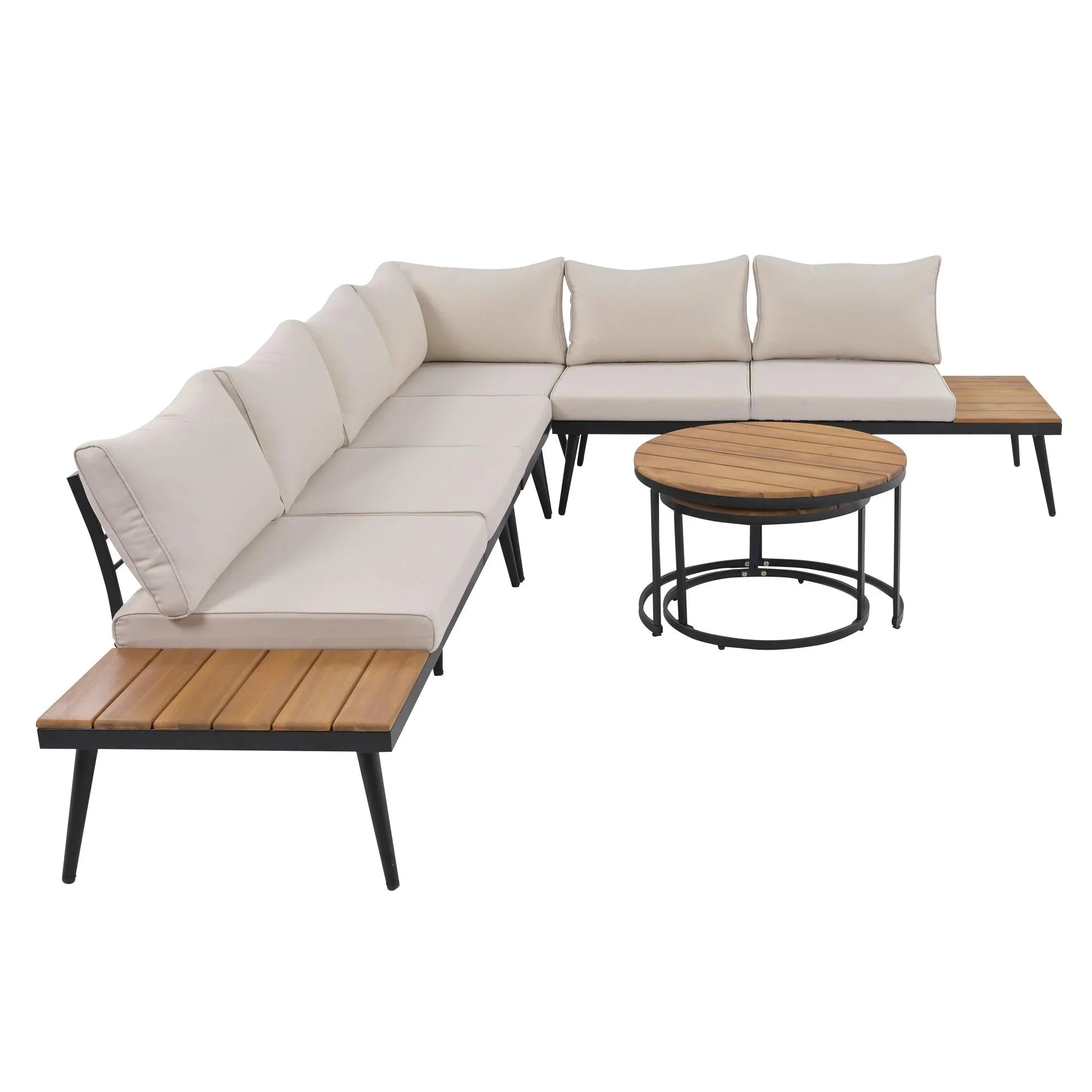 6-Piece Outdoor Sectional Sofa Set with Round Nesting Coffee Tables and Seating Sofa with Cushions for Patio, Porch and Garden