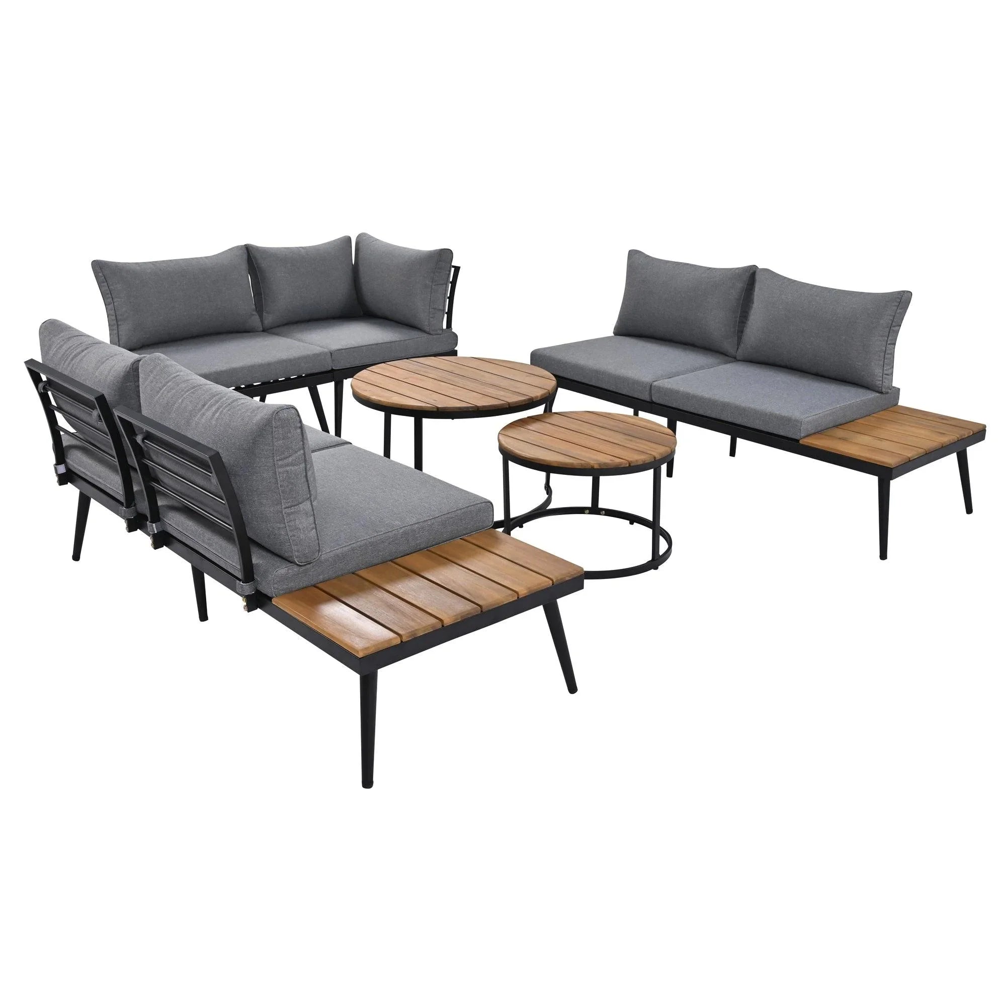 6-Piece Outdoor Sectional Sofa Set with Round Nesting Coffee Tables and Seating Sofa with Cushions for Patio, Porch and Garden