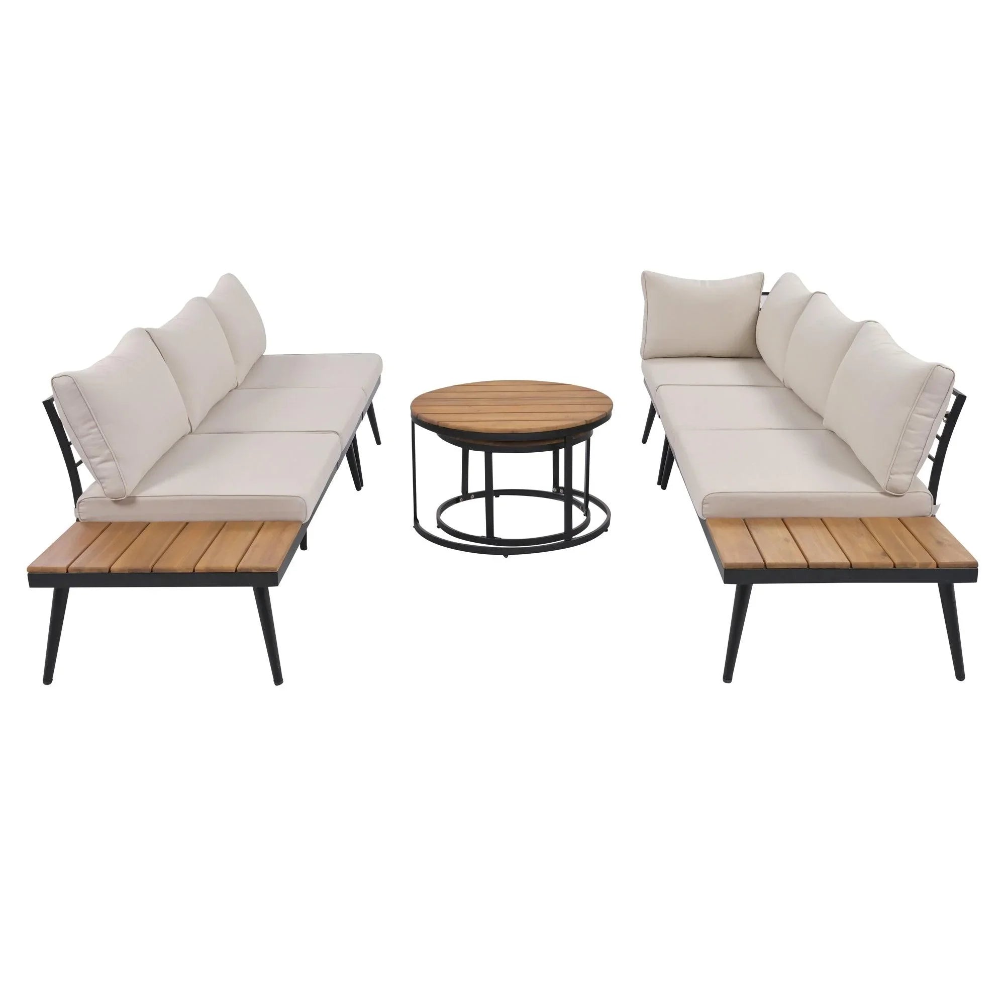 6-Piece Outdoor Sectional Sofa Set with Round Nesting Coffee Tables and Seating Sofa with Cushions for Patio, Porch and Garden