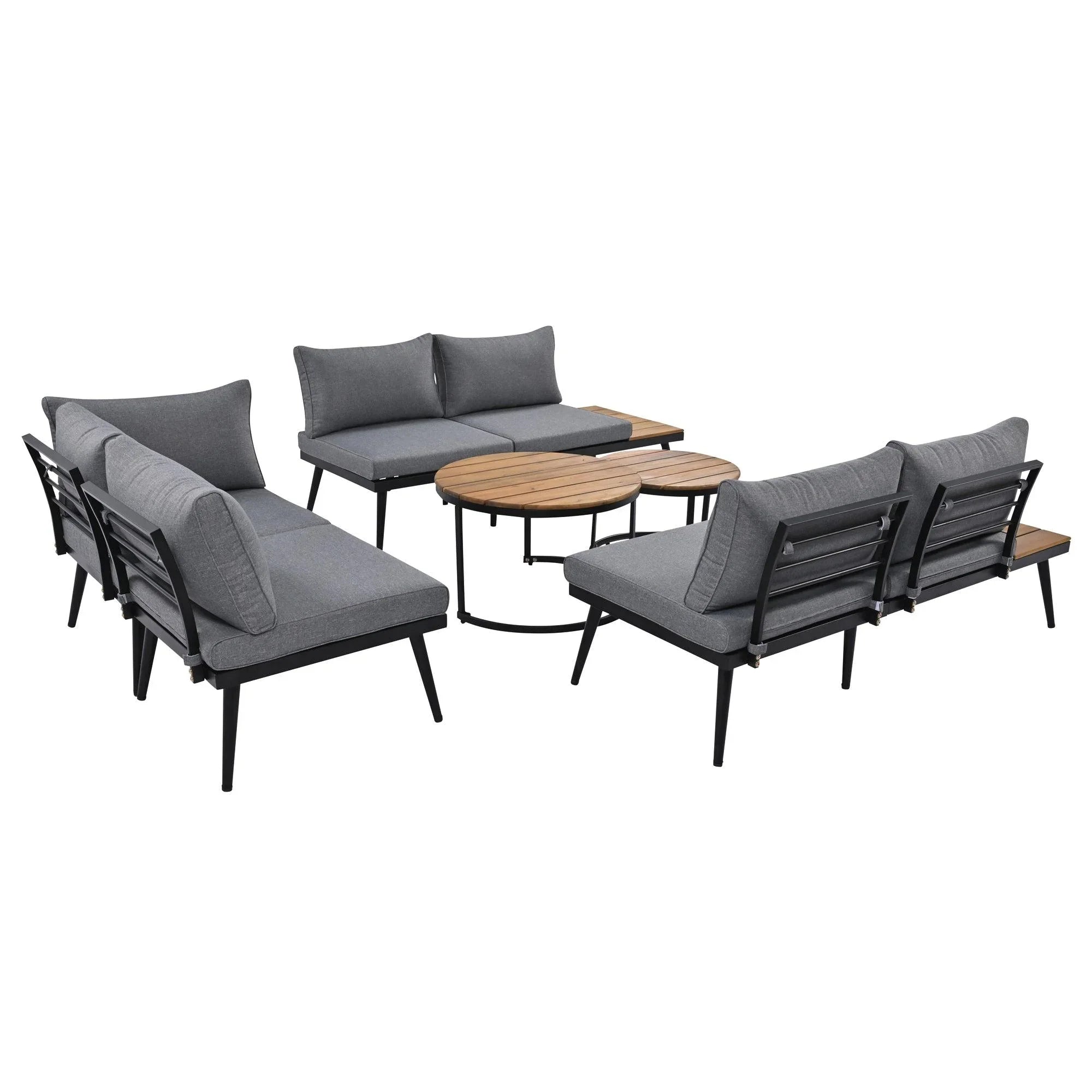 6-Piece Outdoor Sectional Sofa Set with Round Nesting Coffee Tables and Seating Sofa with Cushions for Patio, Porch and Garden