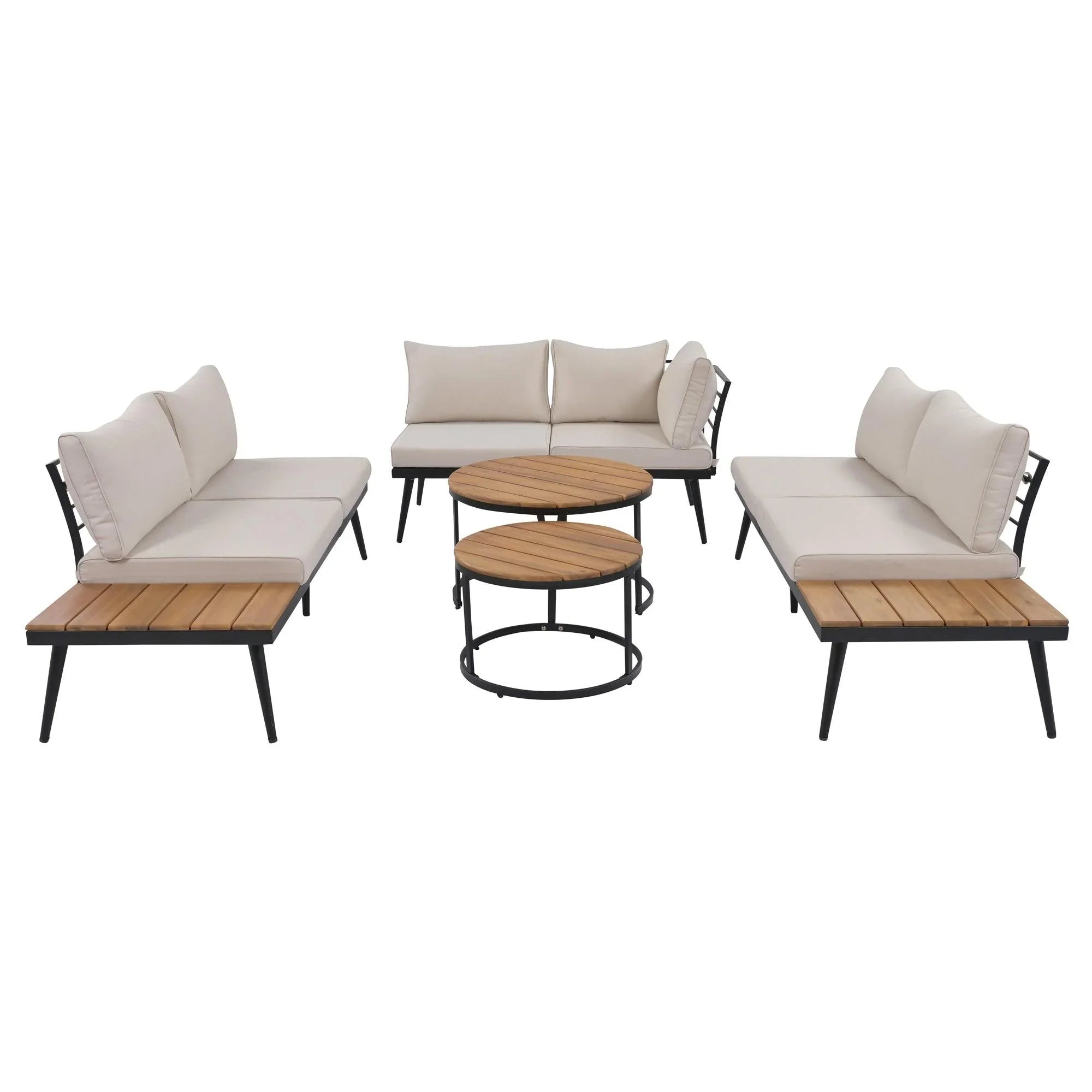 6-Piece Outdoor Sectional Sofa Set with Round Nesting Coffee Tables and Seating Sofa with Cushions for Patio, Porch and Garden