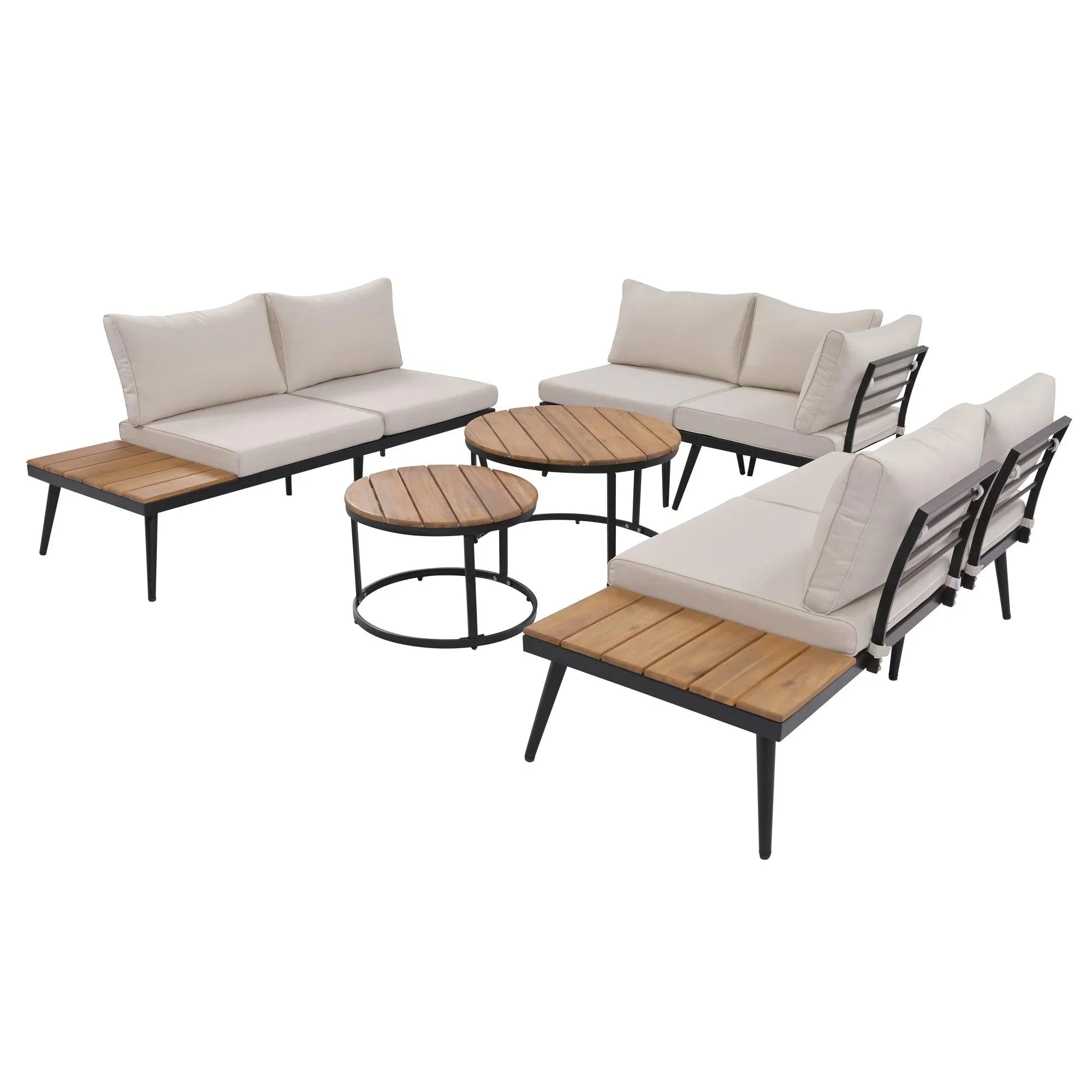 6-Piece Outdoor Sectional Sofa Set with Round Nesting Coffee Tables and Seating Sofa with Cushions for Patio, Porch and Garden