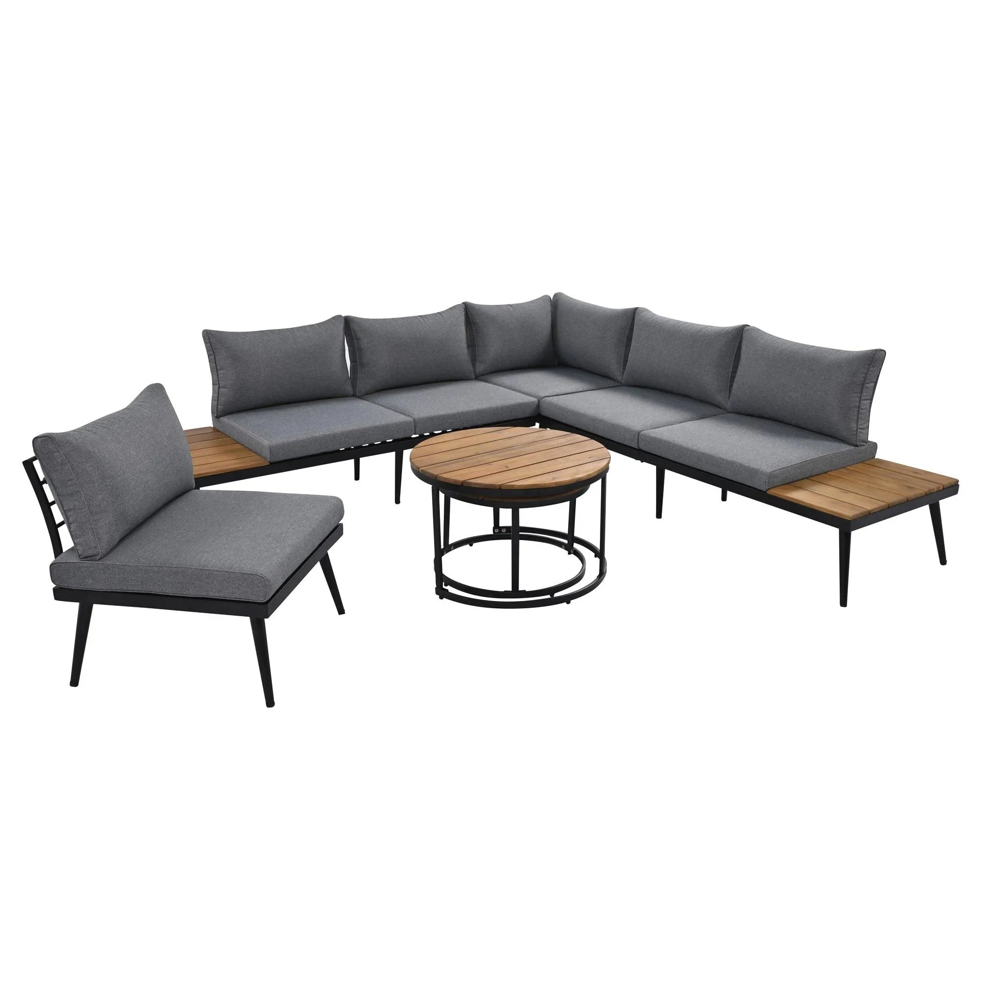 6-Piece Outdoor Sectional Sofa Set with Round Nesting Coffee Tables and Seating Sofa with Cushions for Patio, Porch and Garden