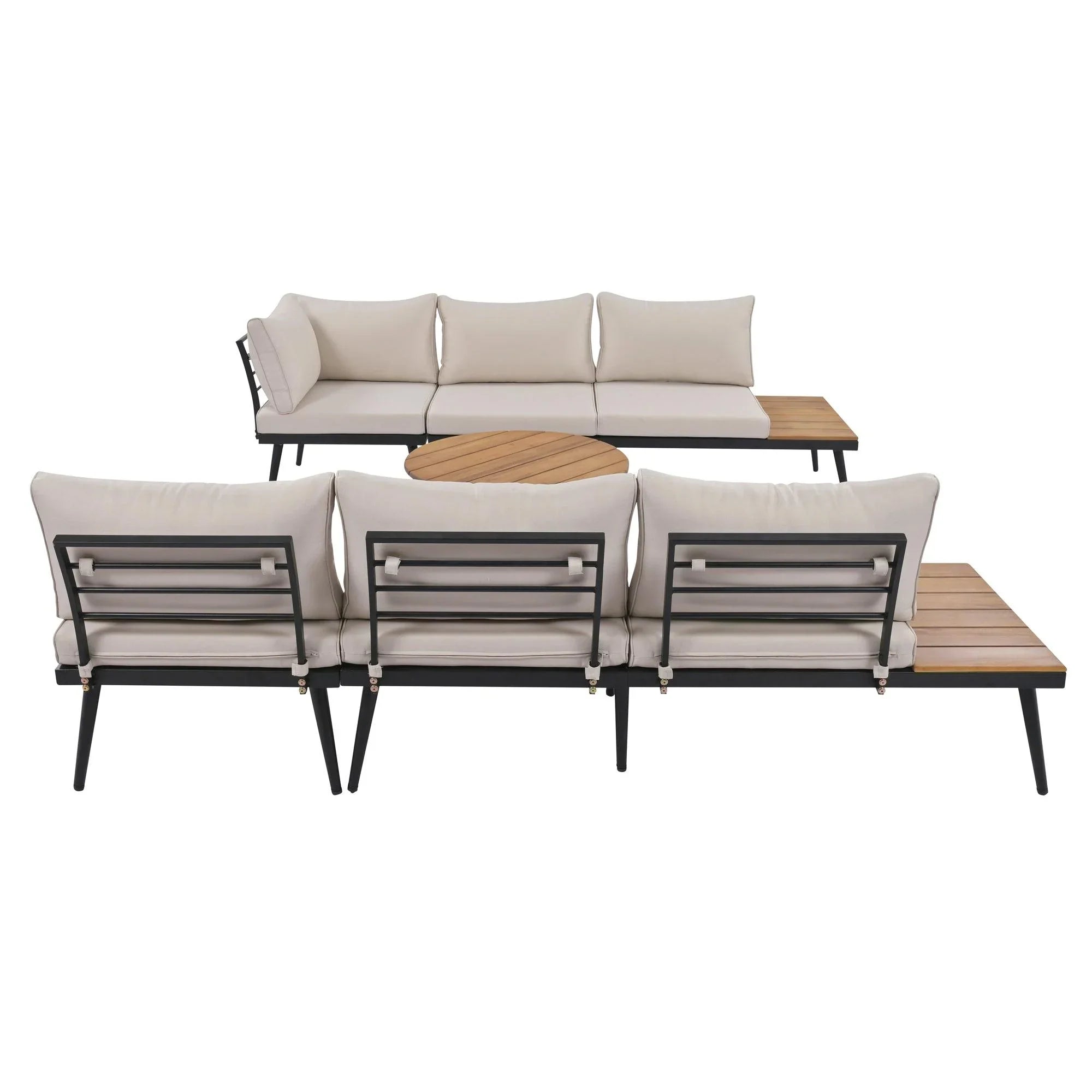 6-Piece Outdoor Sectional Sofa Set with Round Nesting Coffee Tables and Seating Sofa with Cushions for Patio, Porch and Garden