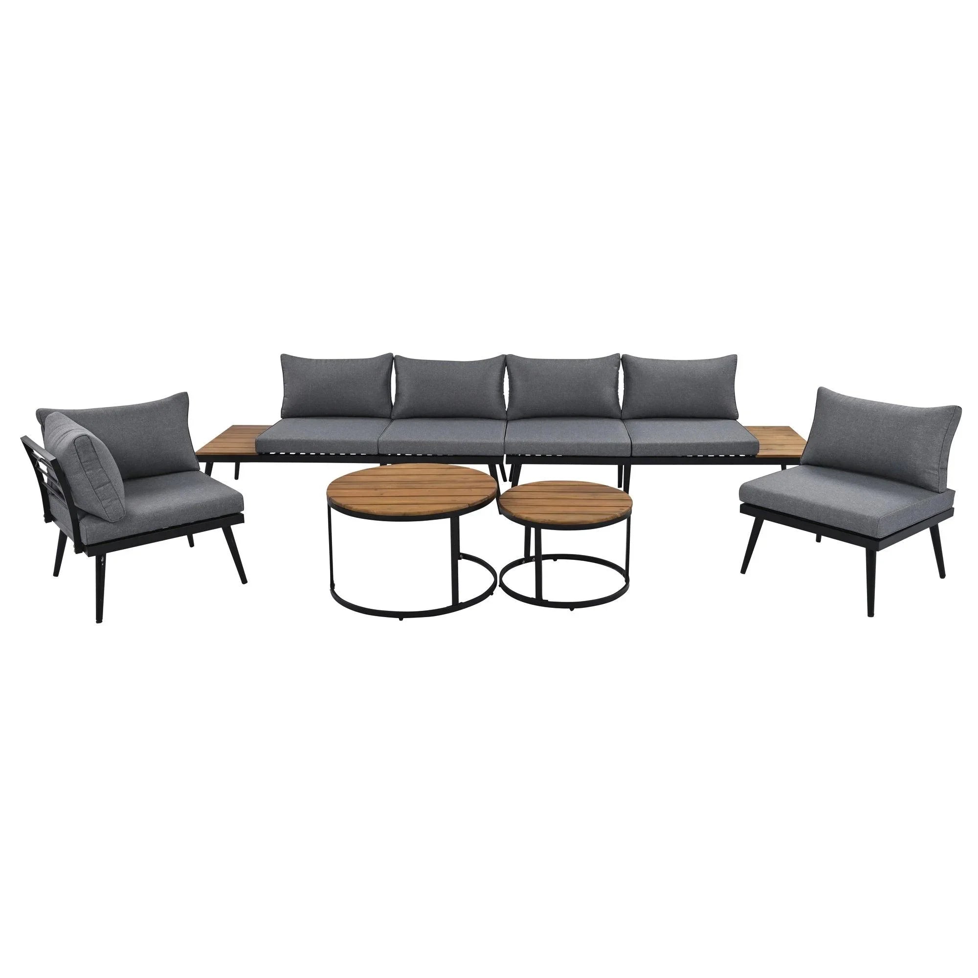 6-Piece Outdoor Sectional Sofa Set with Round Nesting Coffee Tables and Seating Sofa with Cushions for Patio, Porch and Garden