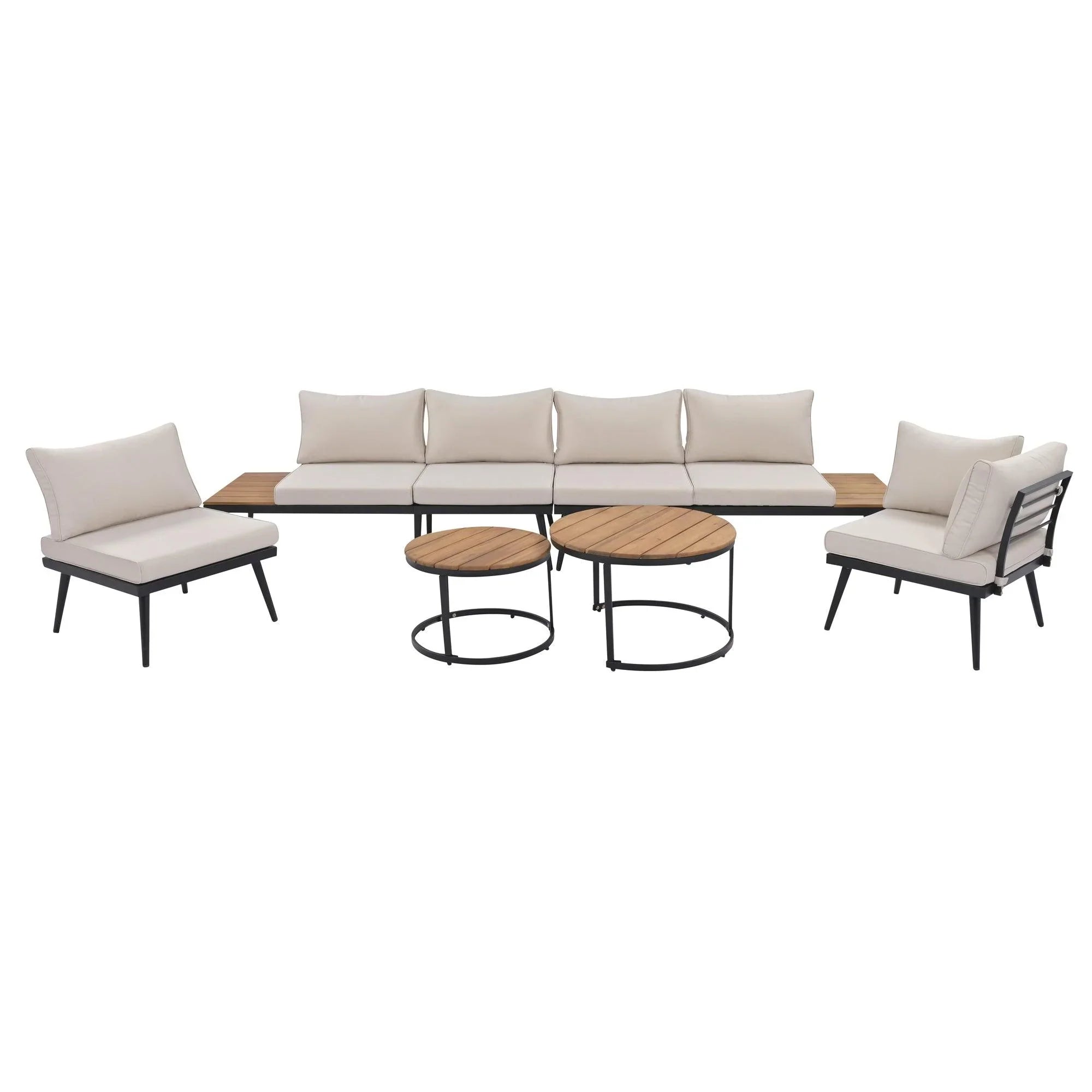 6-Piece Outdoor Sectional Sofa Set with Round Nesting Coffee Tables and Seating Sofa with Cushions for Patio, Porch and Garden