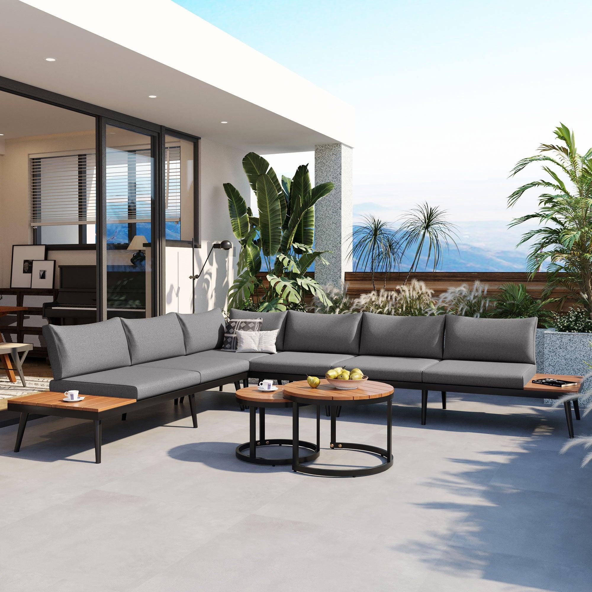 6-Piece Outdoor Sectional Sofa Set with Round Nesting Coffee Tables and Seating Sofa with Cushions for Patio, Porch and Garden