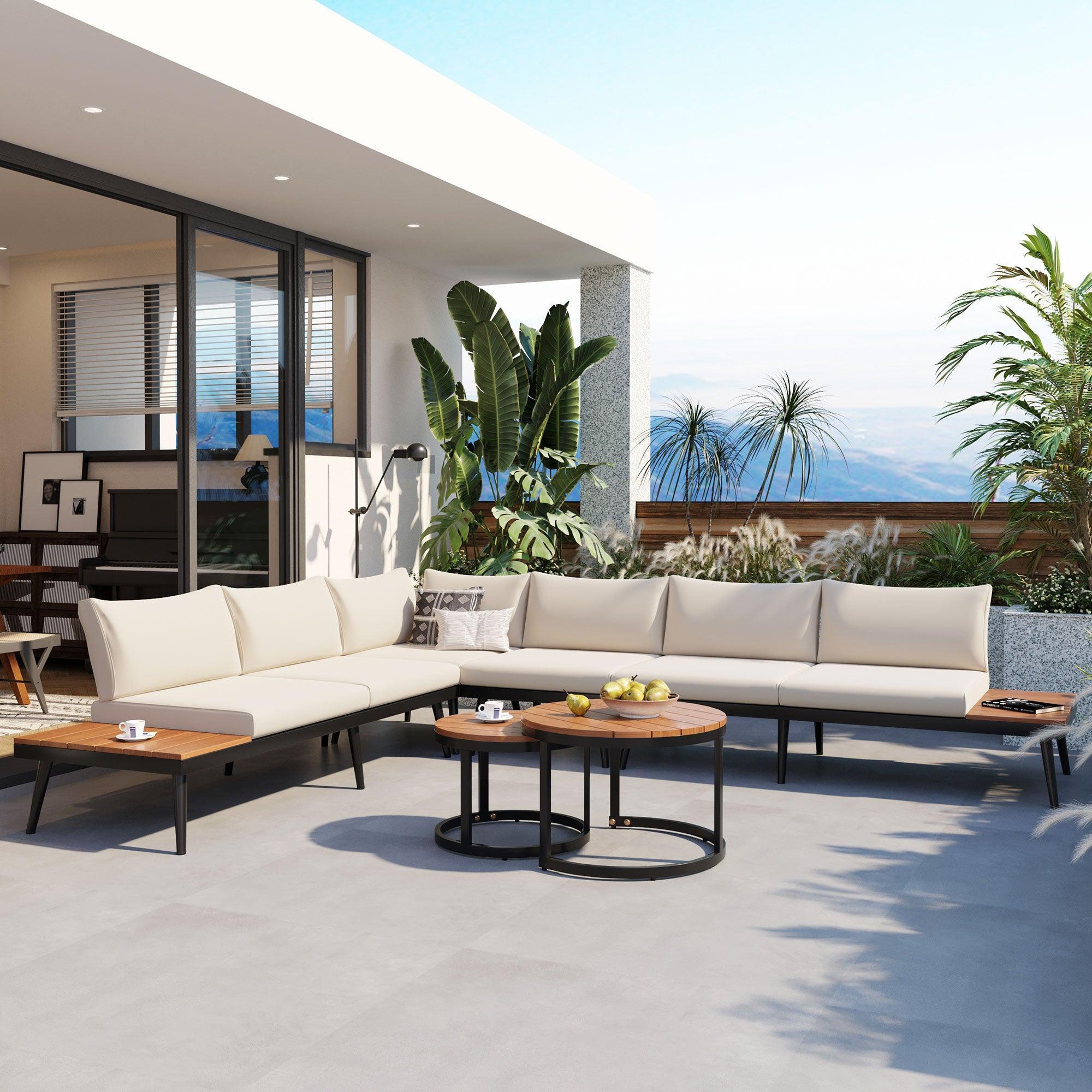 6-Piece Outdoor Sectional Sofa Set with Round Nesting Coffee Tables and Seating Sofa with Cushions for Patio, Porch and Garden