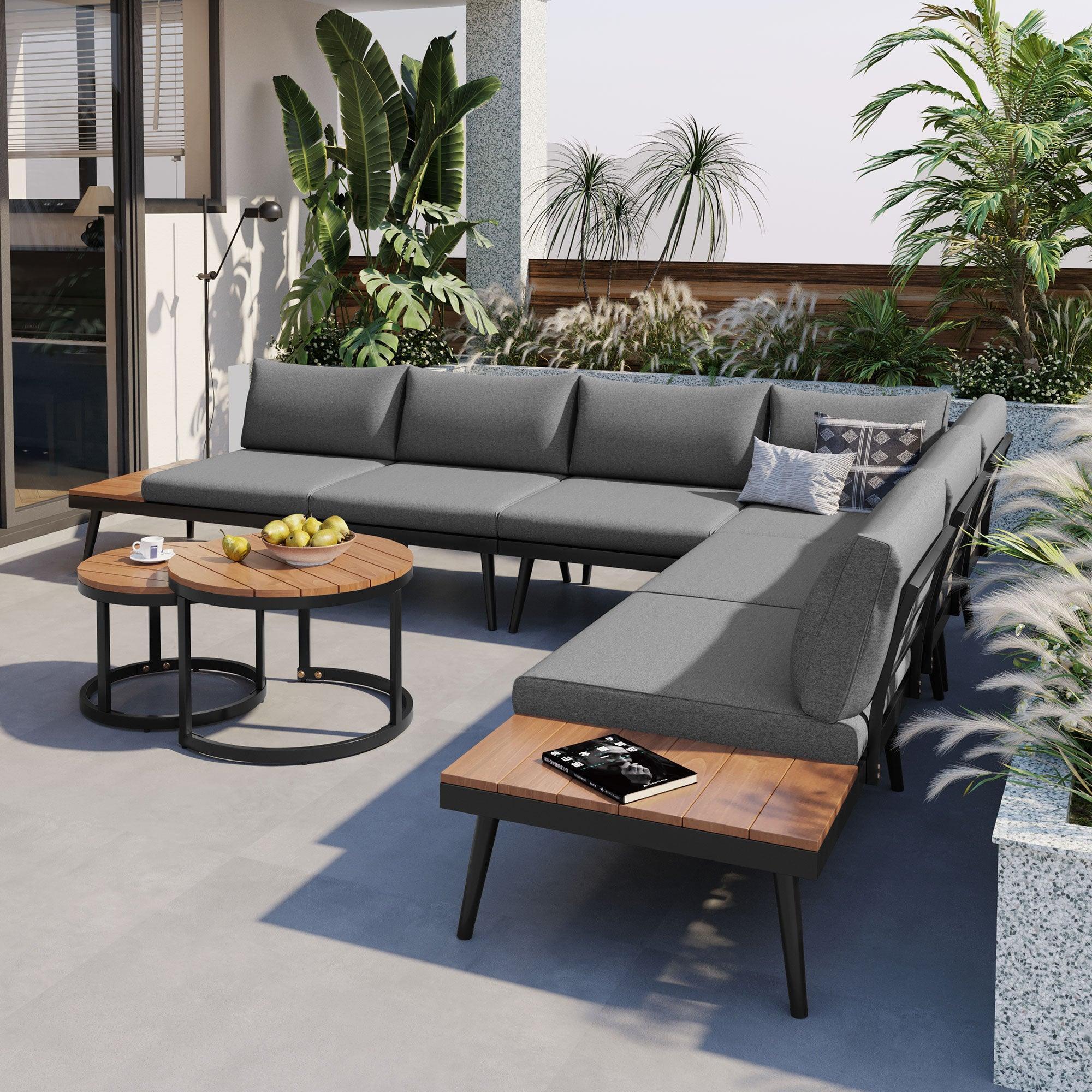6-Piece Outdoor Sectional Sofa Set with Round Nesting Coffee Tables and Seating Sofa with Cushions for Patio, Porch and Garden