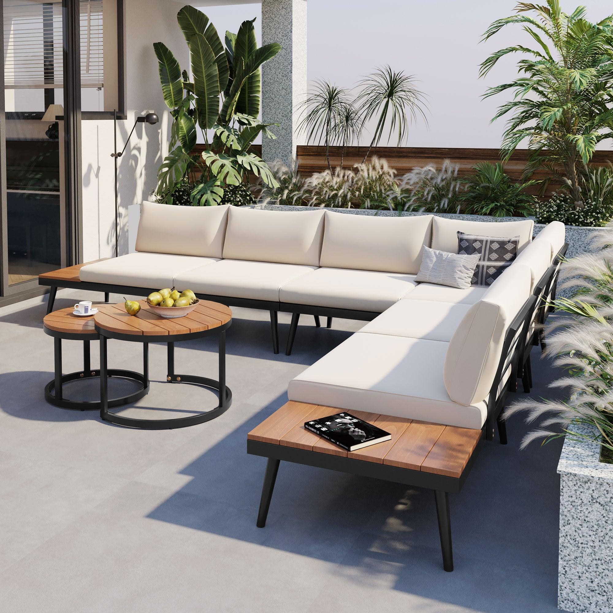6-Piece Outdoor Sectional Sofa Set with Round Nesting Coffee Tables and Seating Sofa with Cushions for Patio, Porch and Garden