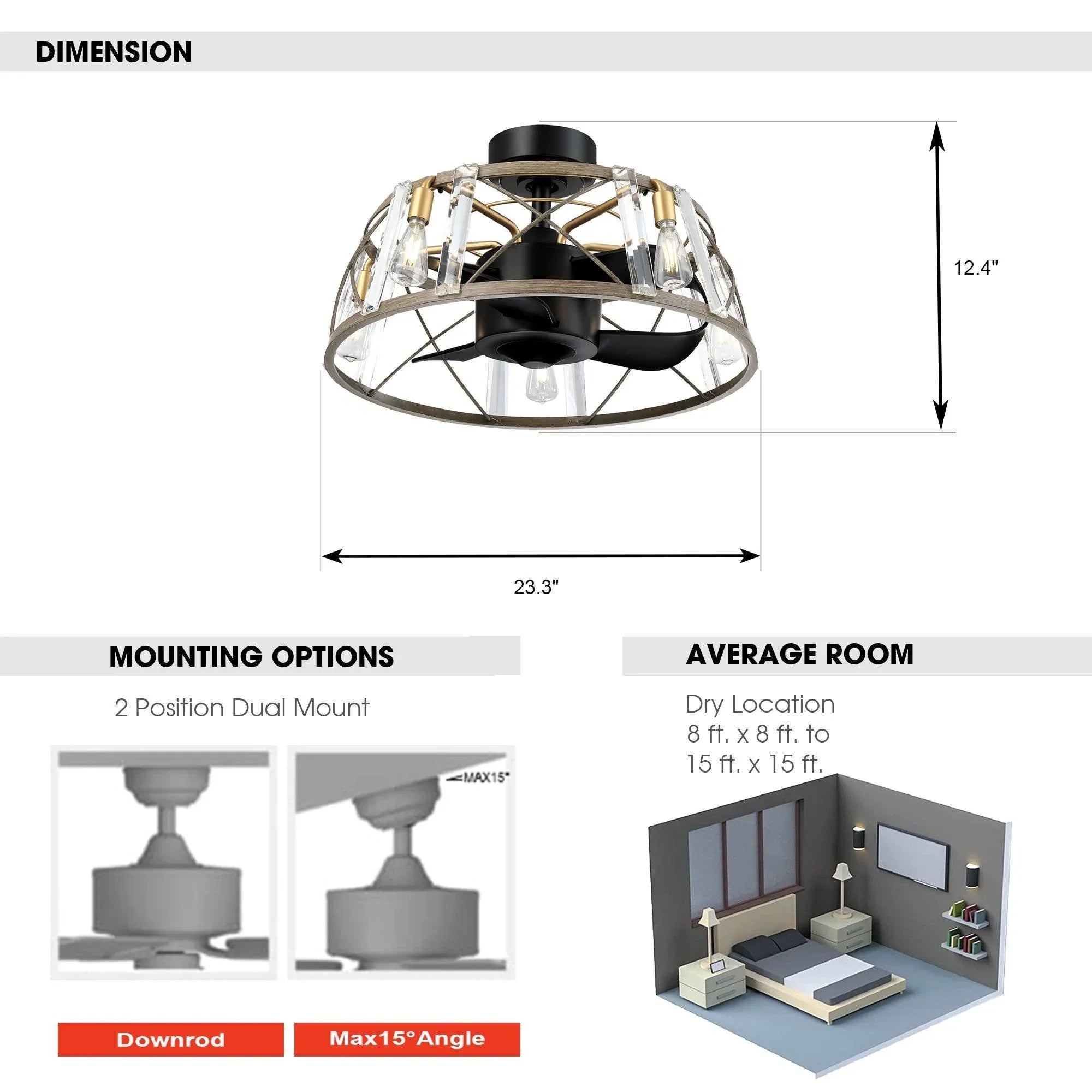23" Industrial Satin Nickel DC Motor Downrod Mount Reversible Fandelier Ceiling Fan with Lighting and Remote Control - ParrotUncle