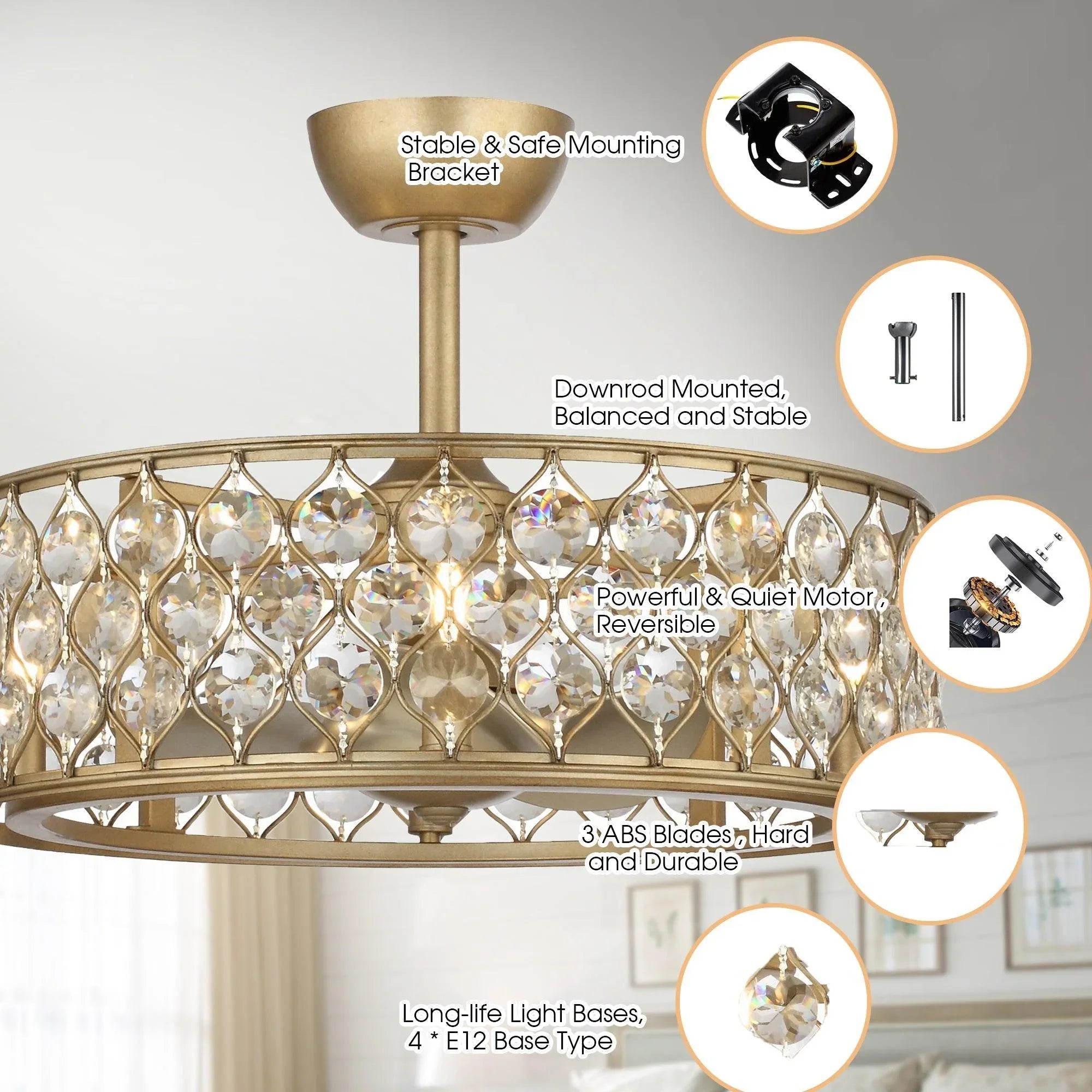 25" Industrial DC Motor Downrod Mount Reversible Crystal Fandelier Ceiling Fan with Lighting and Remote Control - ParrotUncle