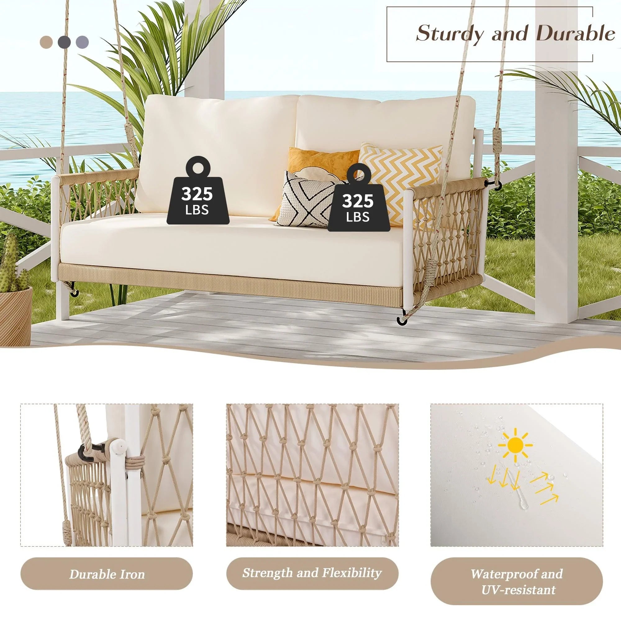 1-Piece Woven Rope Outdoor Swing Sofa with Soft Cushions Seating 2 for Patio, Courtyard and Balcony