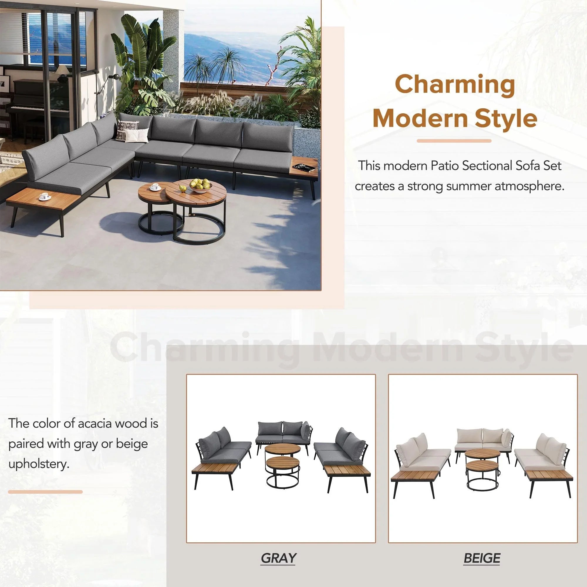 6-Piece Outdoor Sectional Sofa Set with Round Nesting Coffee Tables and Seating Sofa with Cushions for Patio, Porch and Garden