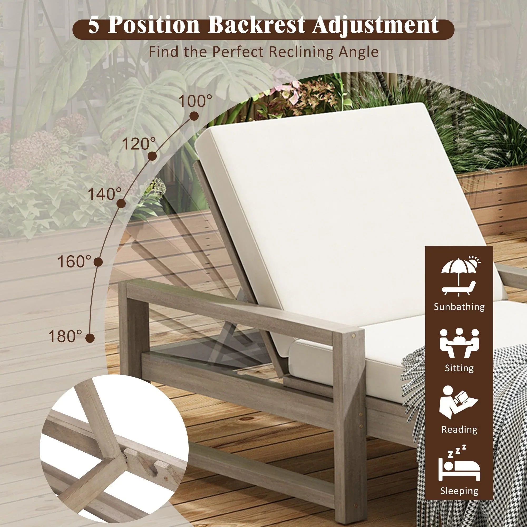 Outdoor Lounge Chairs, 5-Position Chaise Lounge Outdoor, Patio Chaise Lounge with Cushion & Adjustable Backrest, Pool Lounge Chairs for Backyard, Deck, and Lawn
