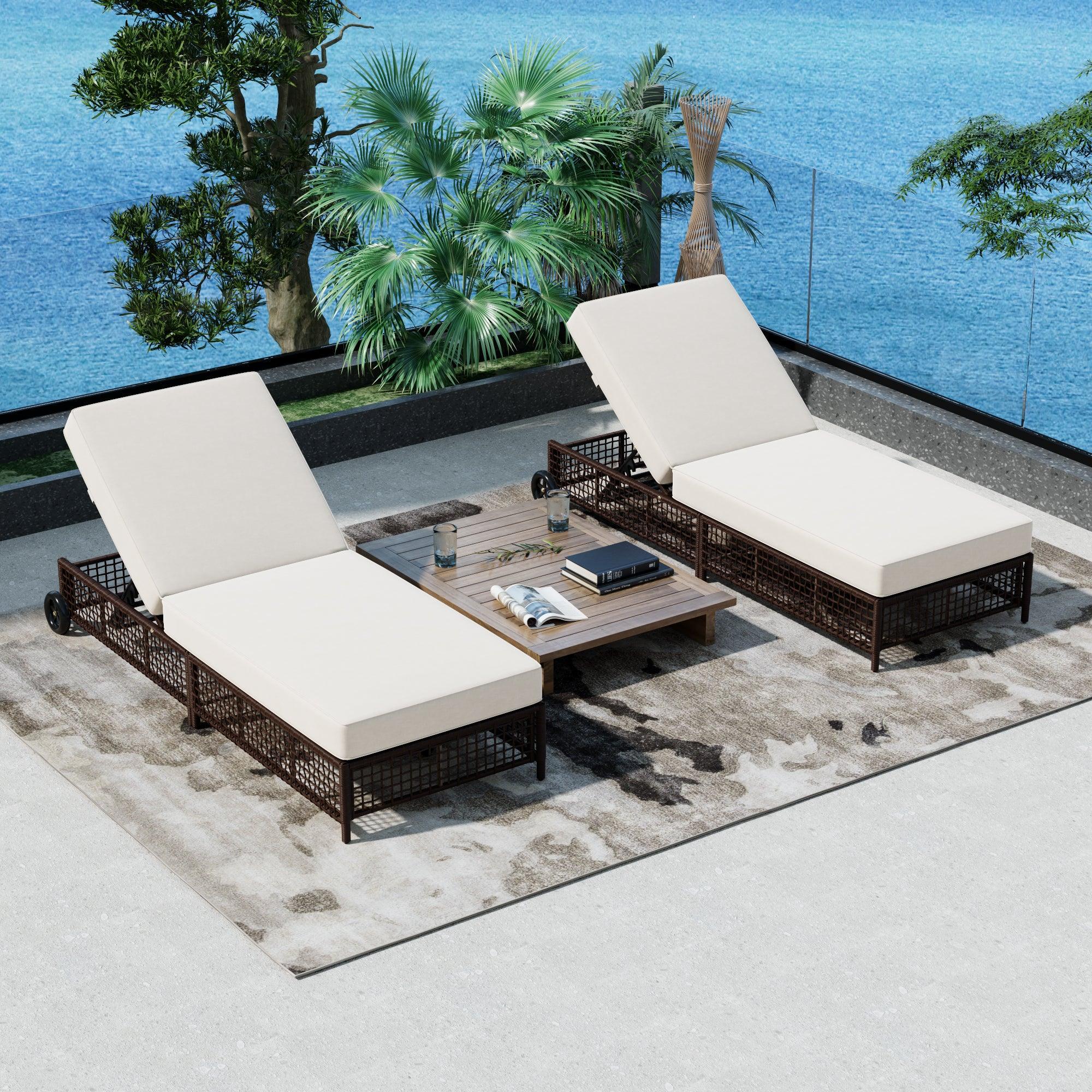 Outdoor Lounge Chair, Patio Chaise Lounge with 5-Position Backrest, Rattan Outdoor Lounge Chair with Cushion and Wheels for Poolside, Backyard, Garden