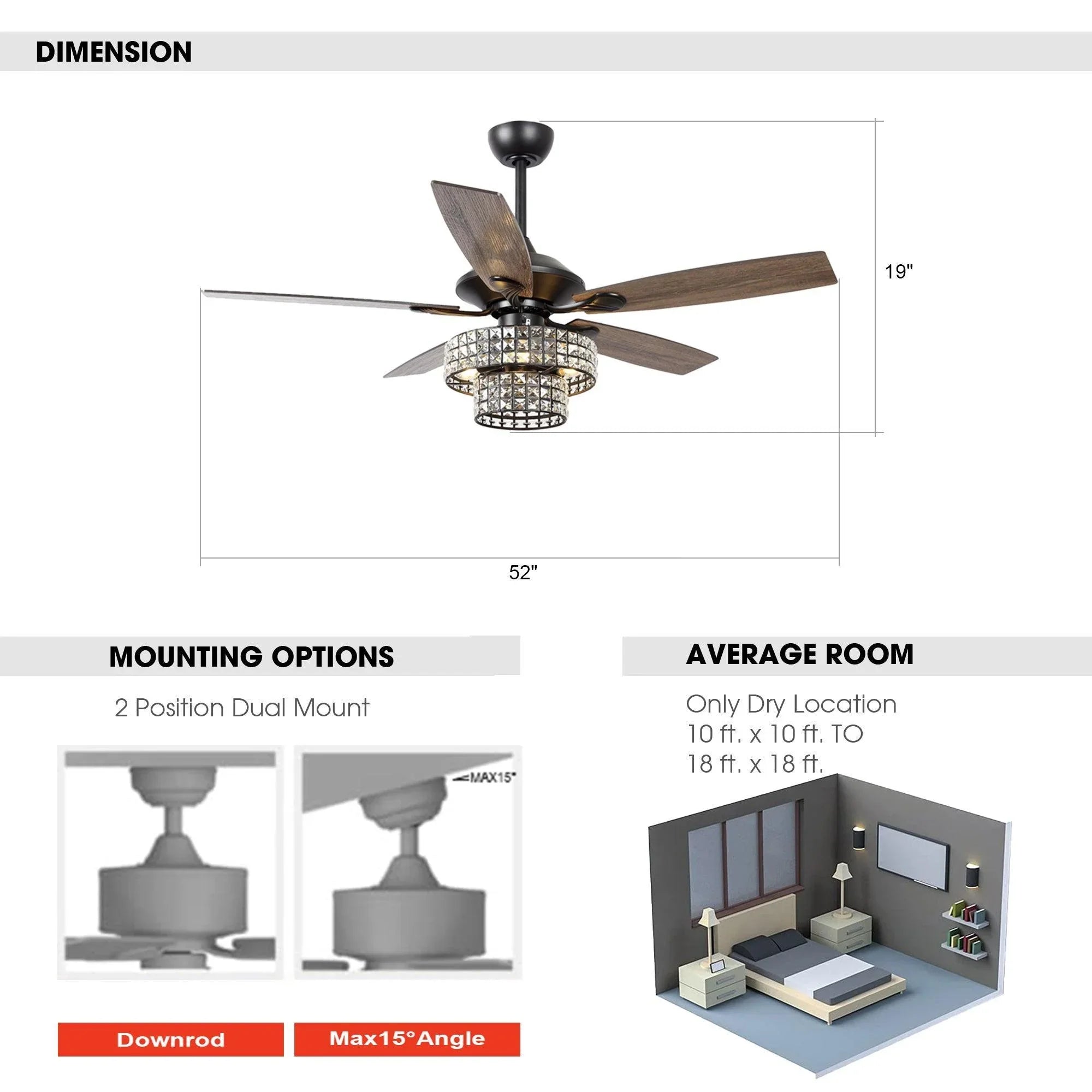 52" Howell Modern Downrod Mount Reversible Crystal Ceiling Fan with Lighting and Remote Control - ParrotUncle