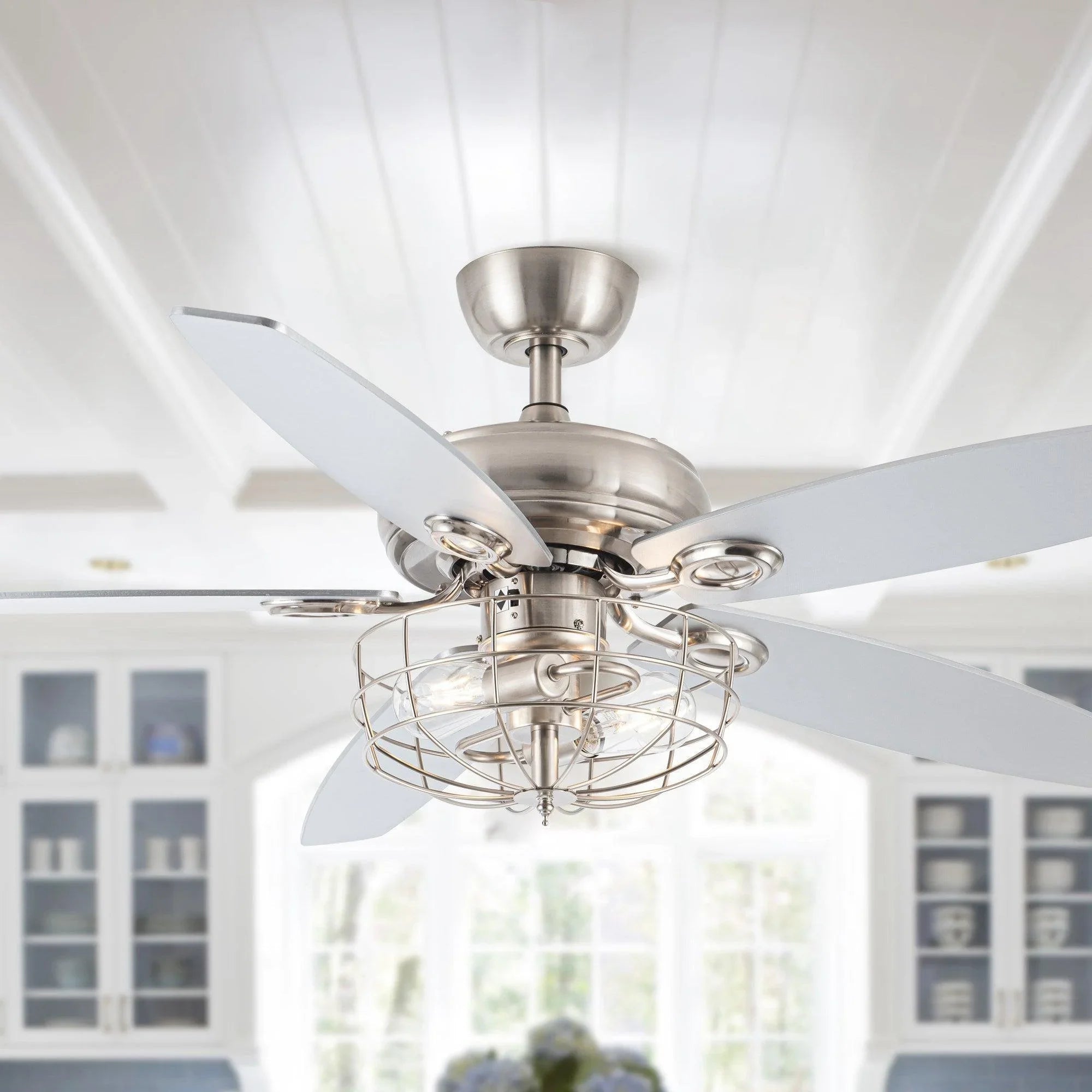 52" Kyla Industrial Brushed Nickel Reversible Caged Ceiling Fan with Lighting - ParrotUncle