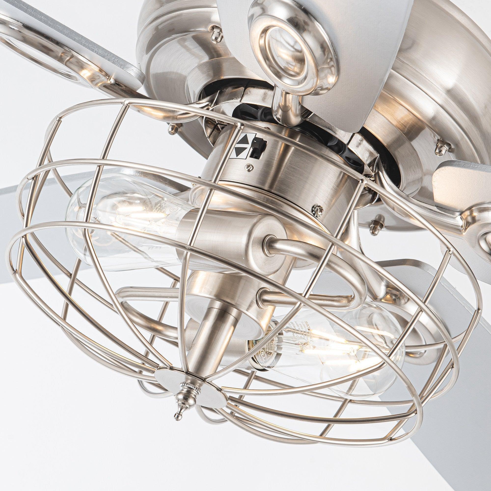 52" Kyla Industrial Brushed Nickel Reversible Caged Ceiling Fan with Lighting - ParrotUncle