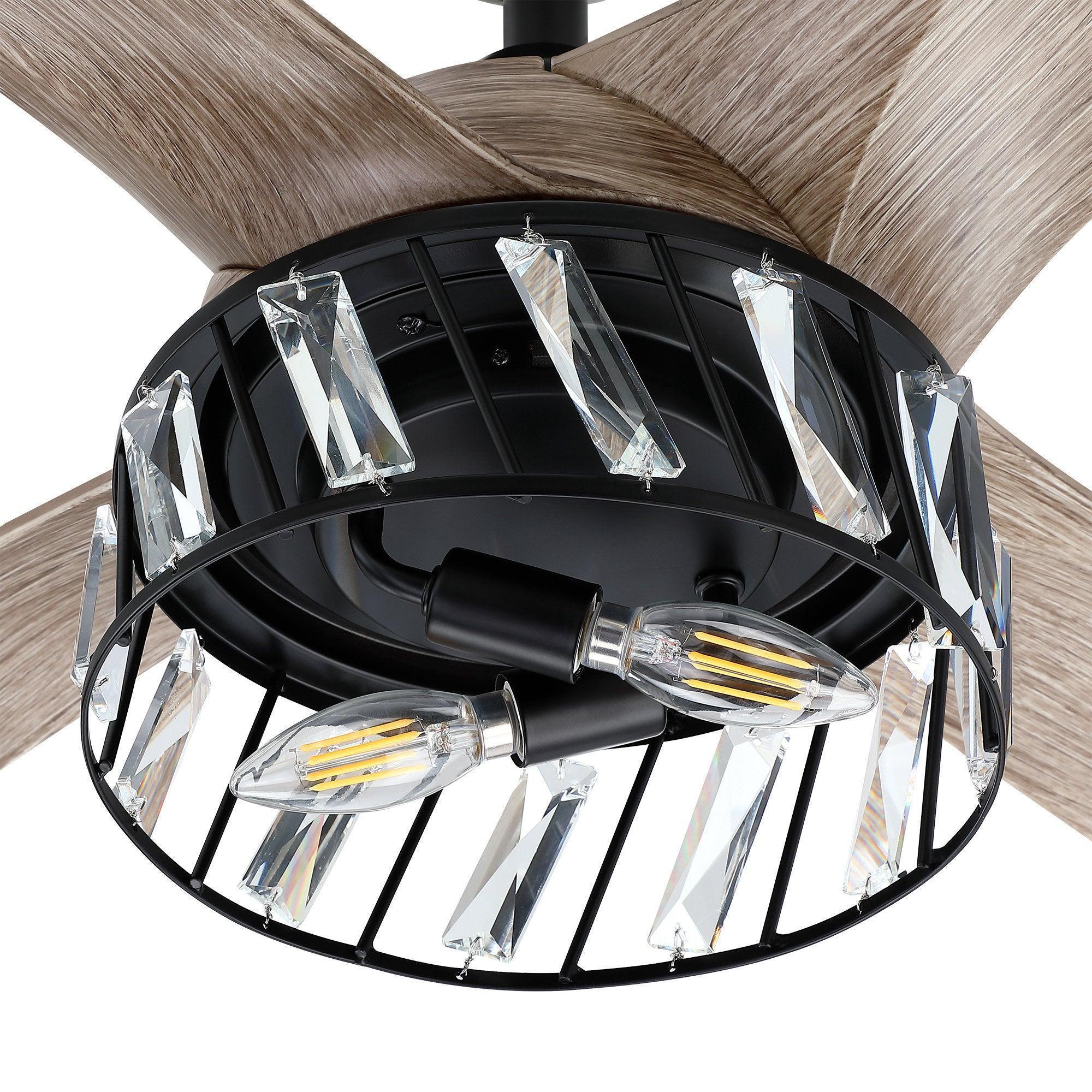 52" Tata Nagar Industrial Downrod Mount Reversible Crystal Ceiling Fan with Lighting and Remote Control - ParrotUncle