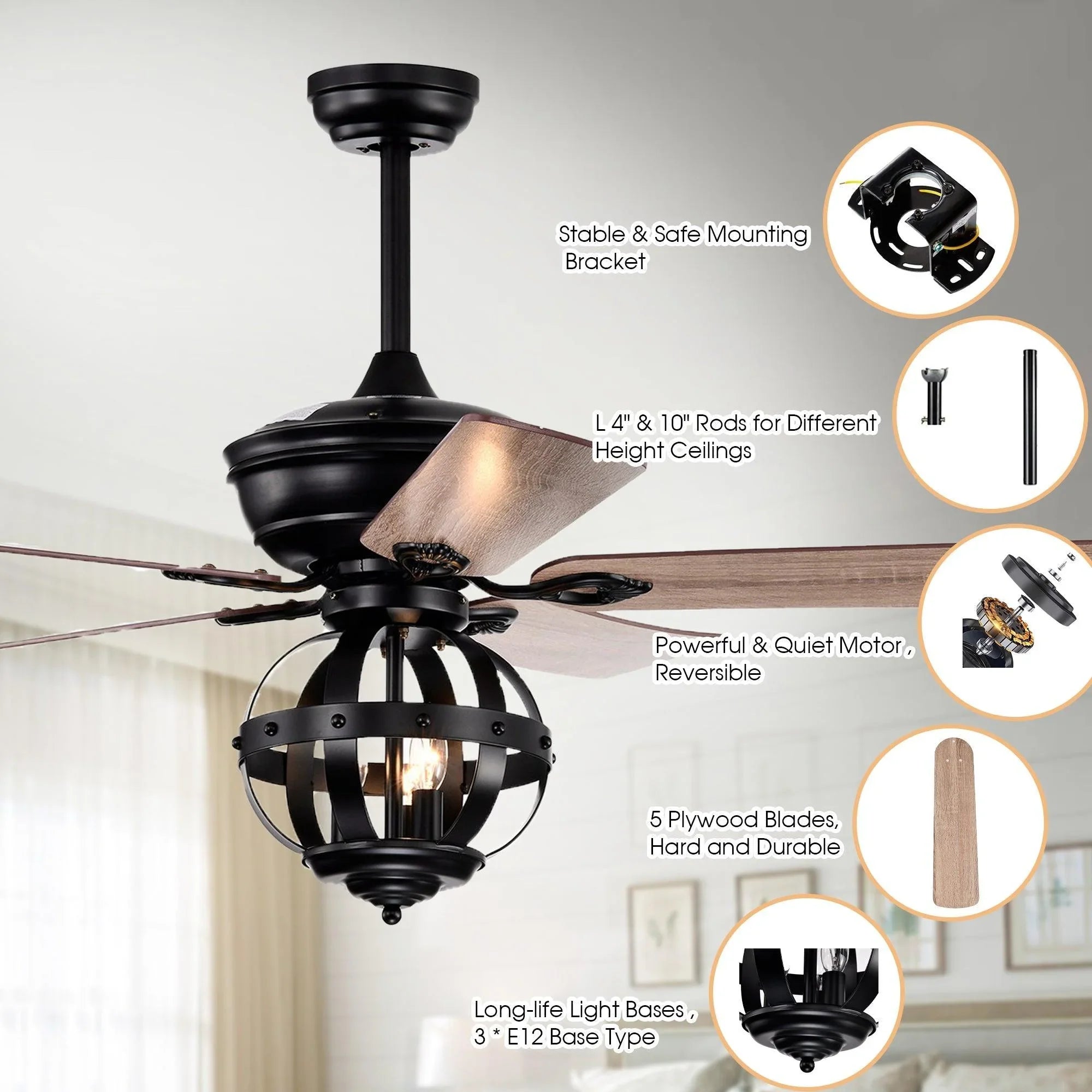 52" Wilburton Industrial Downrod Mount Reversible Ceiling Fan with Lighting and Remote Control - ParrotUncle