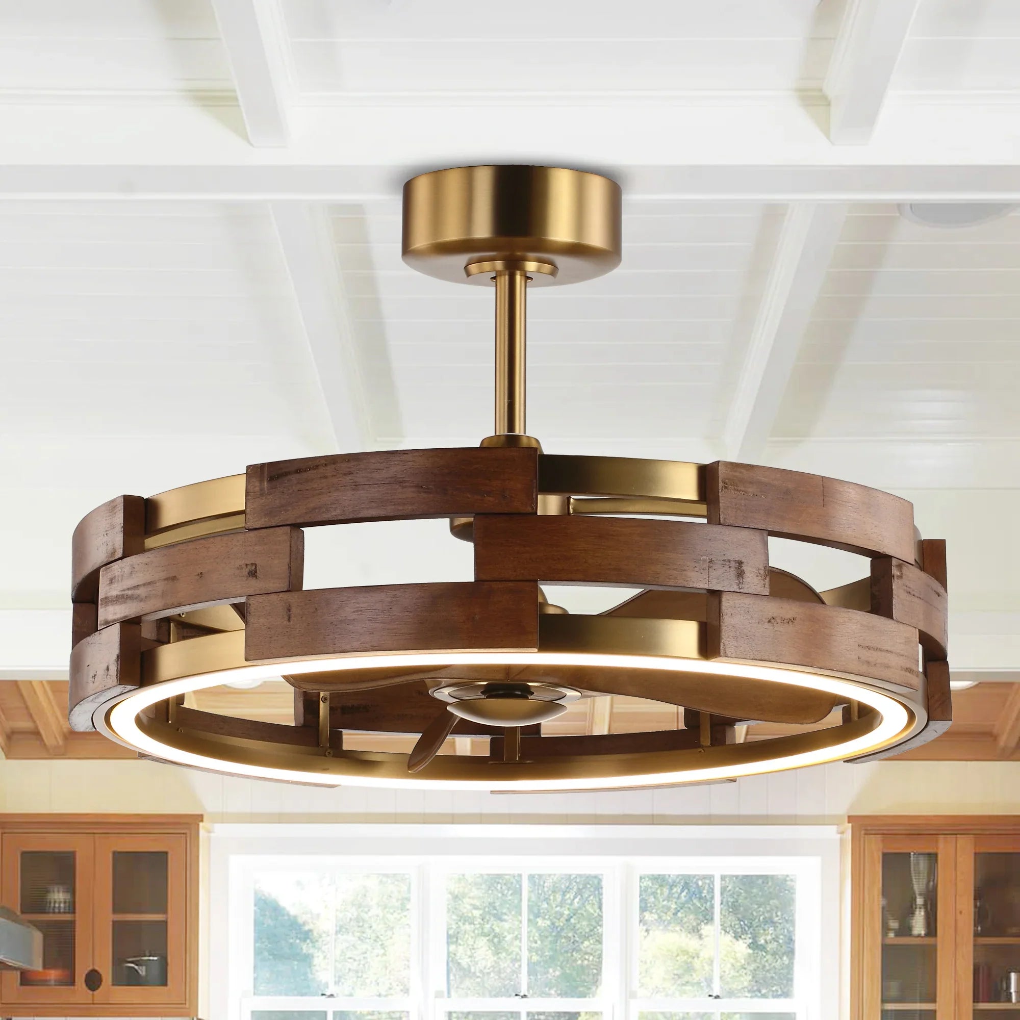 Perimost 28 Inch Electroplated Golden Downrod Mount Luxury Fandelier with Light and Remote Control
