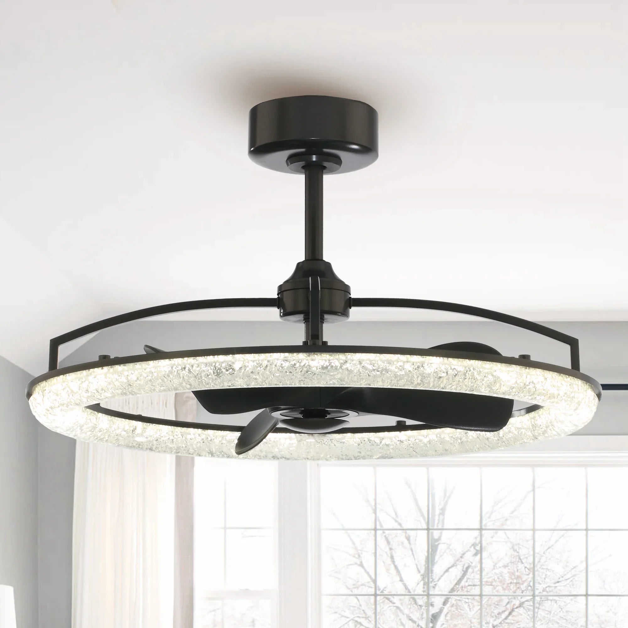 Perimost 32 Inch Black Downrod Mount Luxury Fandelier with Light and Remote Control