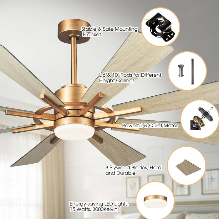 60" Oretha Windmill Modern DC Motor Downrod Mount Reversible Ceiling Fan with Lighting and Remote Control - ParrotUncle