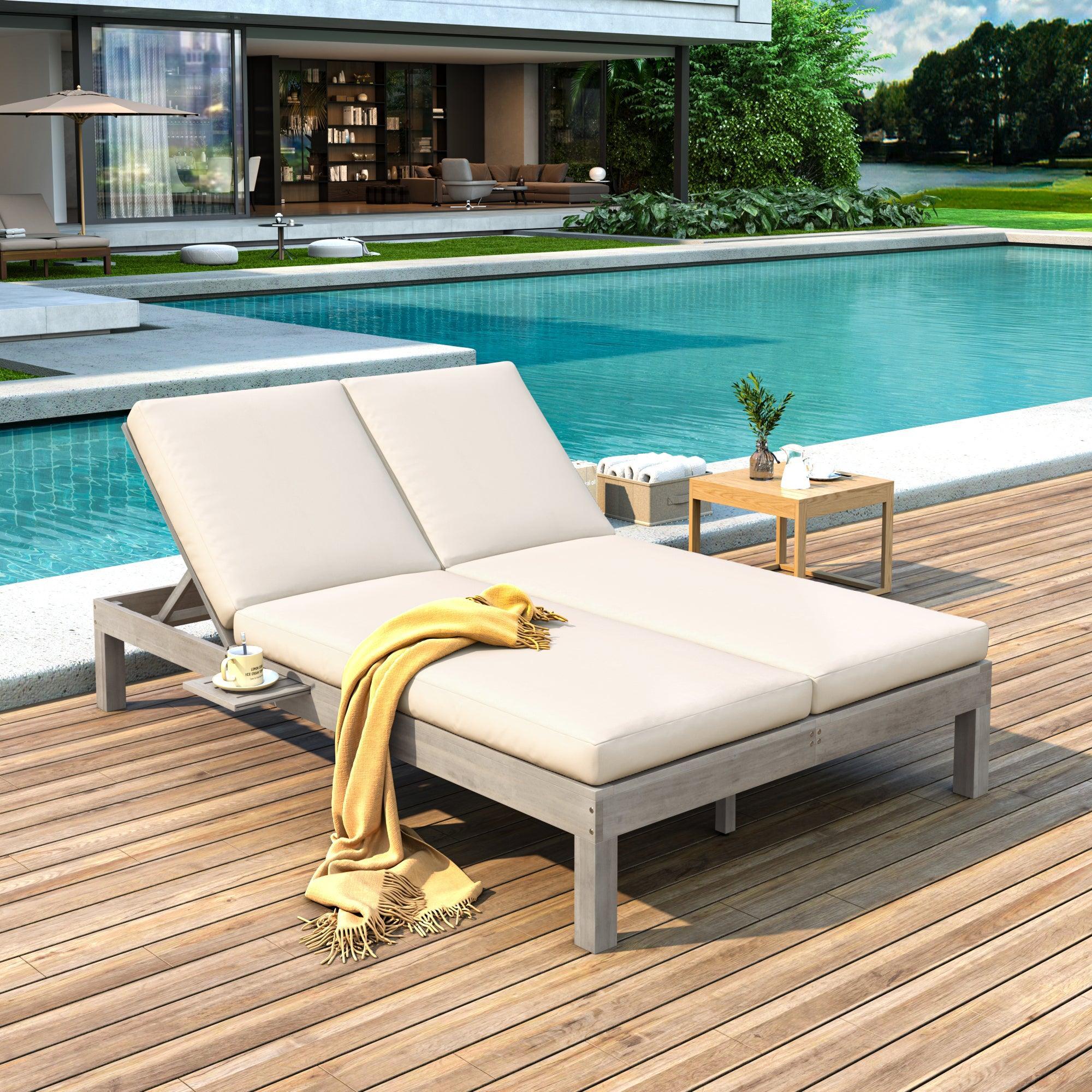 5-Position Adjustable Backrest Outdoor Chaise Lounge Daybed with Cushion and Folding Side Trays for 2 People, Poolside Garden