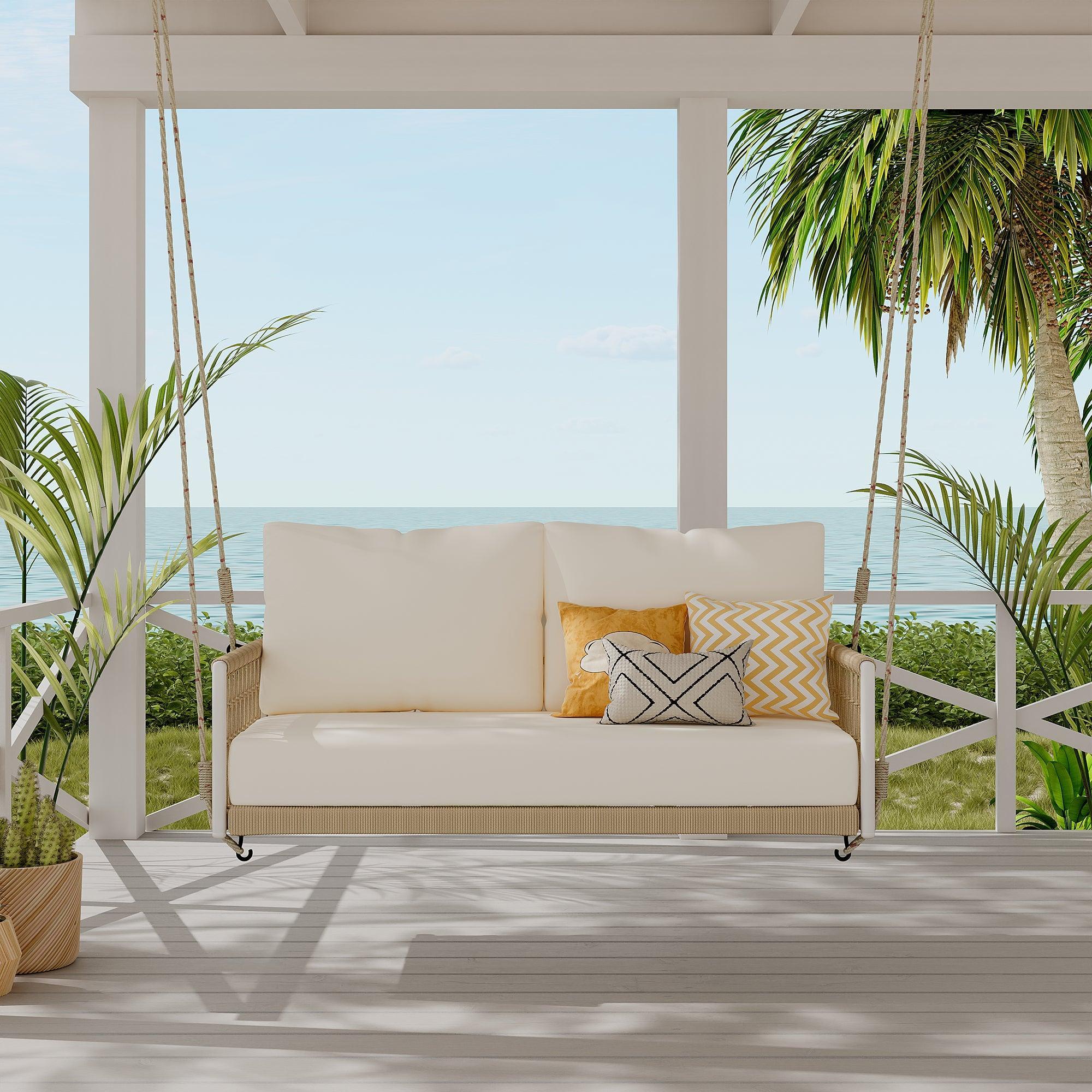 1-Piece Woven Rope Outdoor Swing Sofa with Soft Cushions Seating 2 for Patio, Courtyard and Balcony