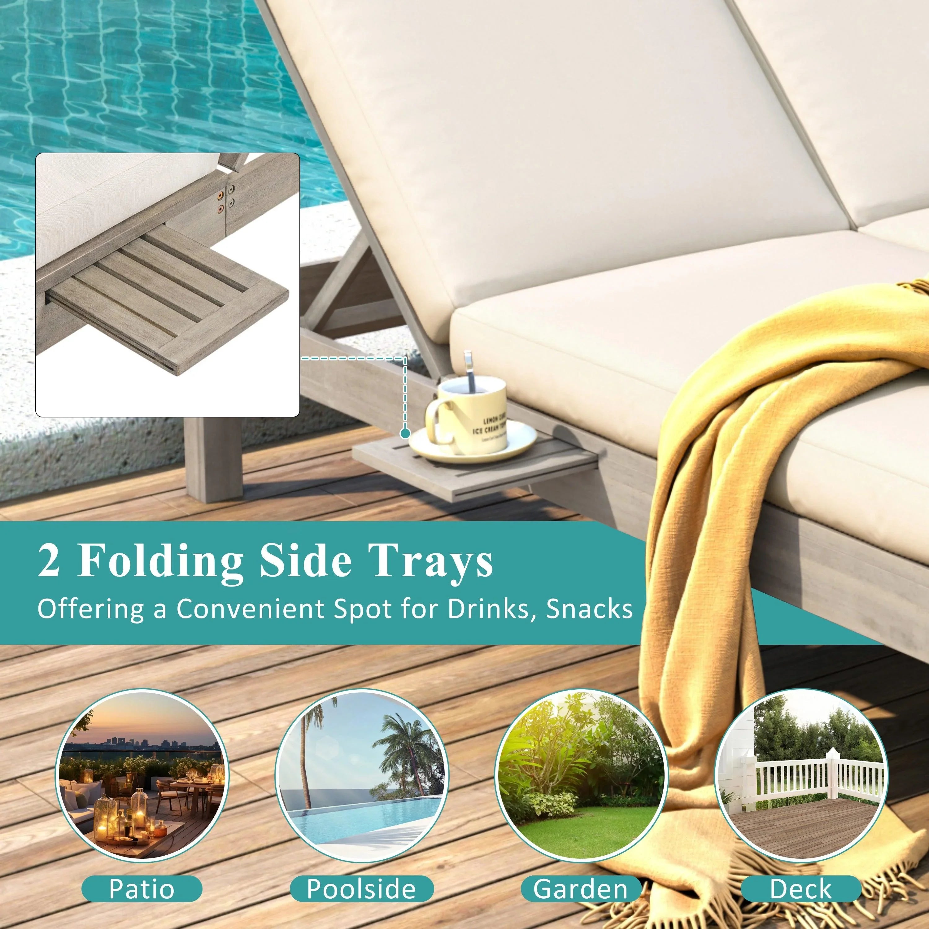 5-Position Adjustable Backrest Outdoor Chaise Lounge Daybed with Cushion and Folding Side Trays for 2 People, Poolside Garden