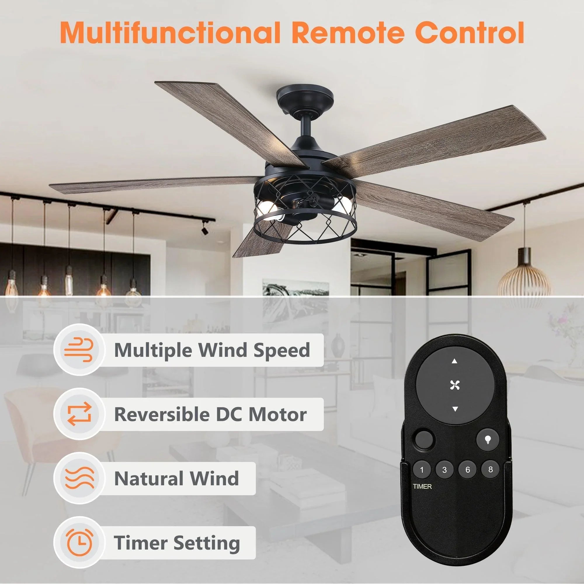 52" Windmill Modern DC Motor Downrod Mount Reversible Ceiling Fan with Lighting and Remote Control