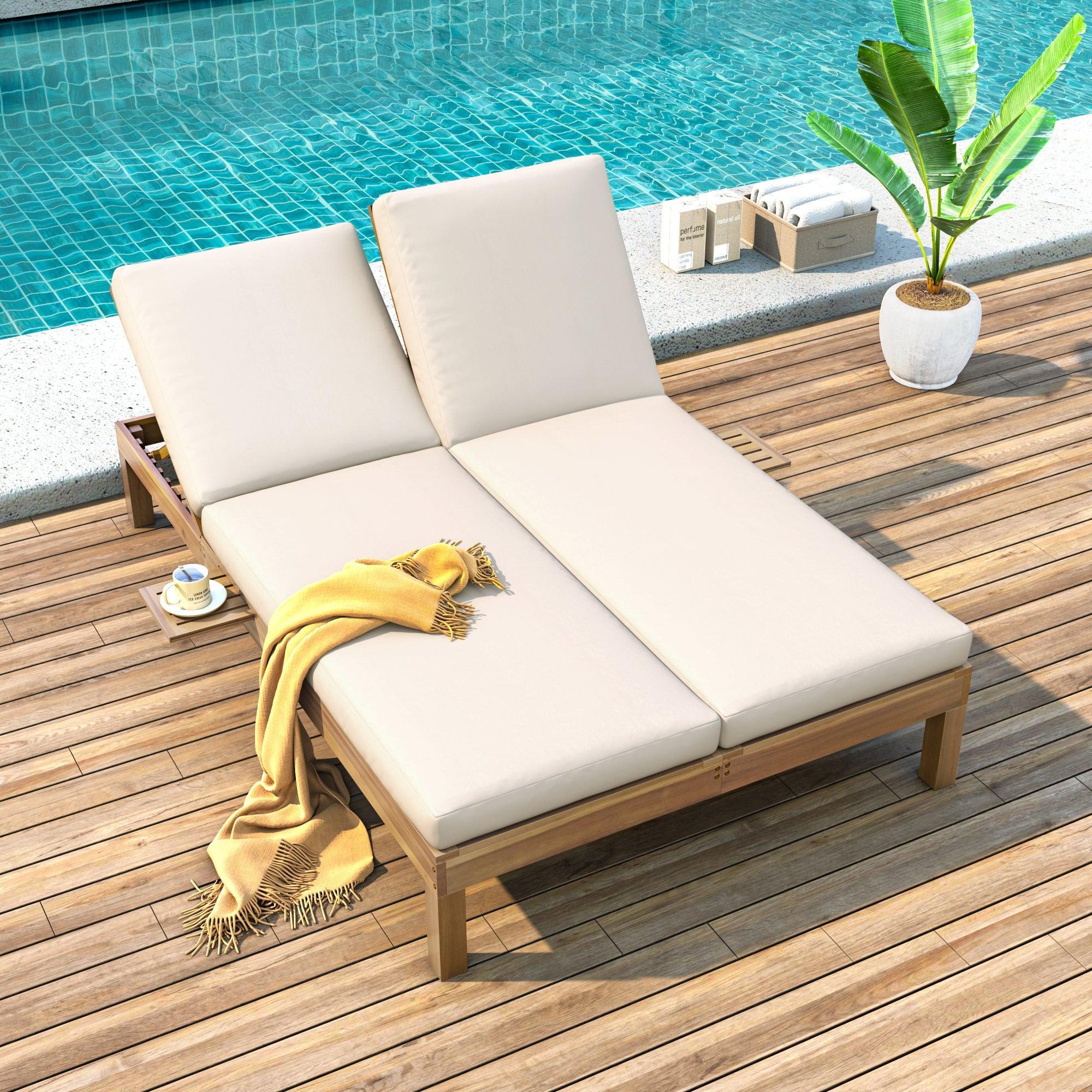 5-Position Adjustable Backrest Outdoor Chaise Lounge Daybed with Cushion and Folding Side Trays for 2 People, Poolside Garden