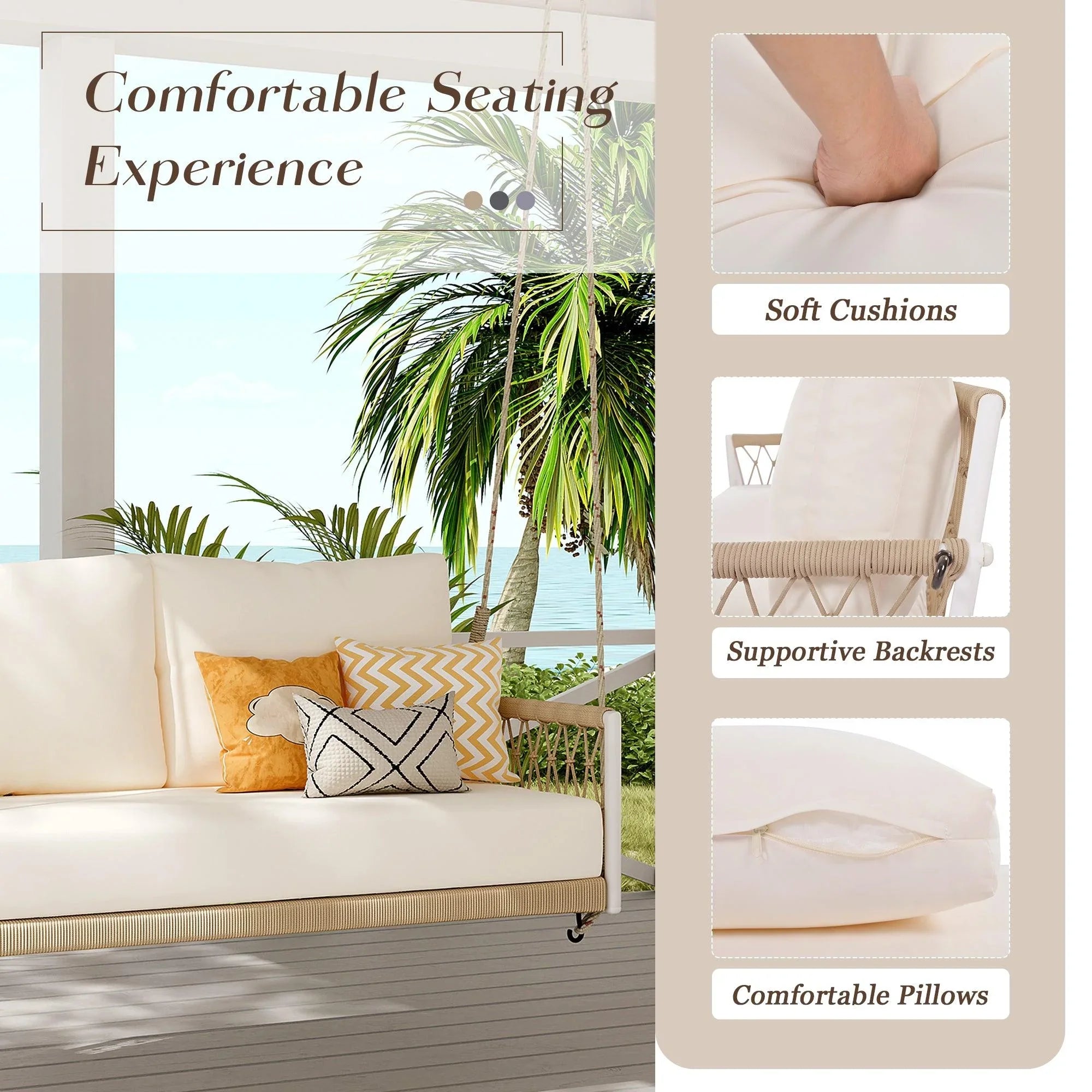 1-Piece Woven Rope Outdoor Swing Sofa with Soft Cushions Seating 2 for Patio, Courtyard and Balcony