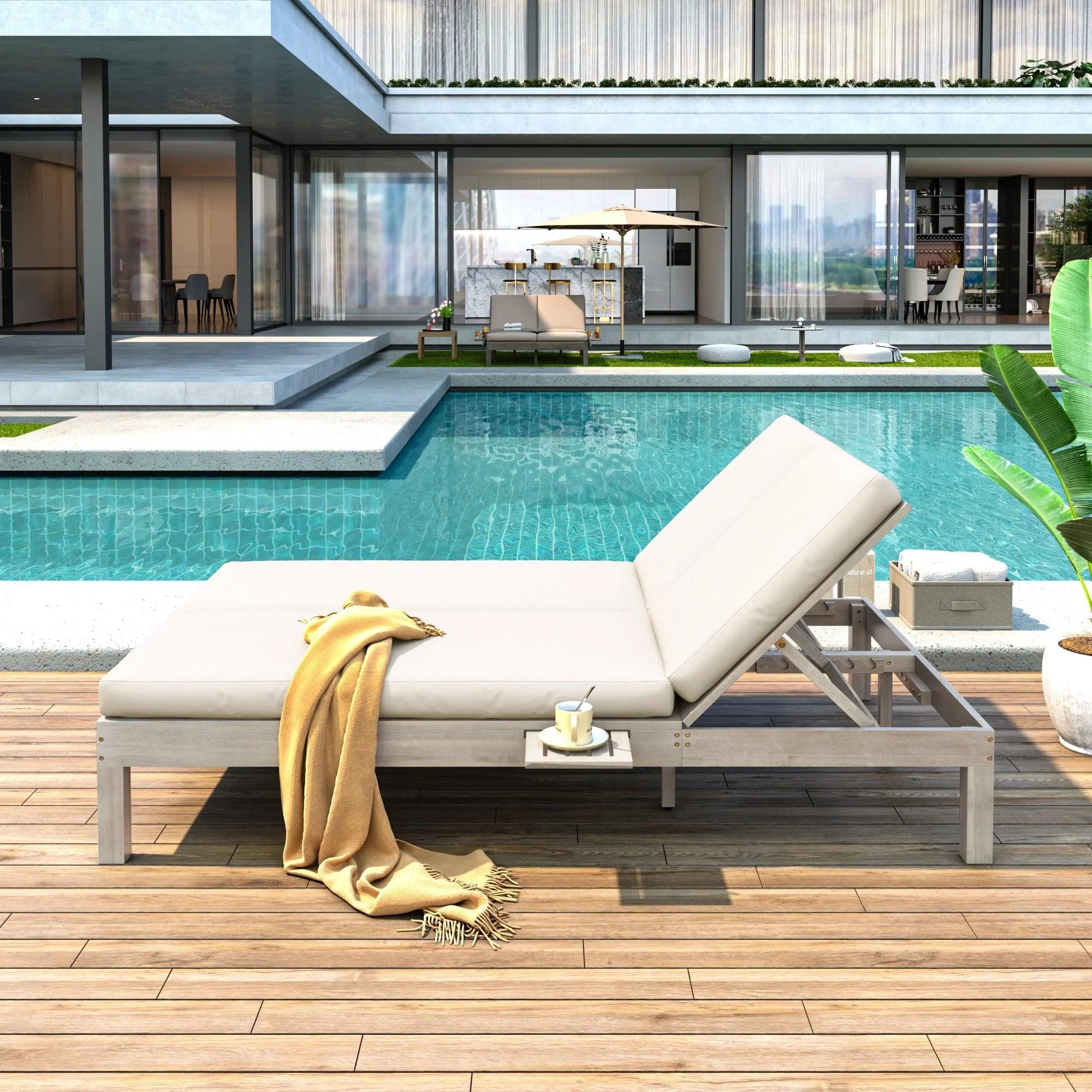5-Position Adjustable Backrest Outdoor Chaise Lounge Daybed with Cushion and Folding Side Trays for 2 People, Poolside Garden