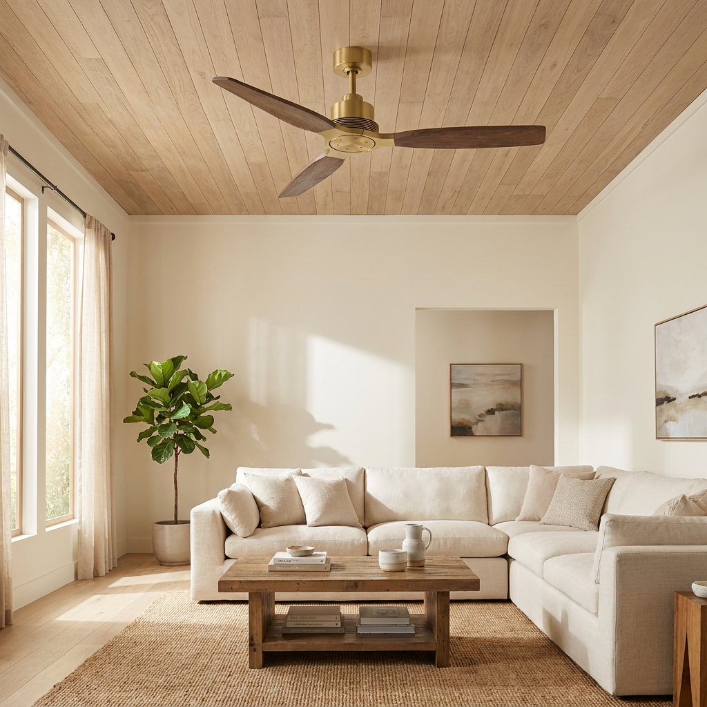 56" Soft Brass Solid Wood Blades Downrod Mount Ceiling Fan