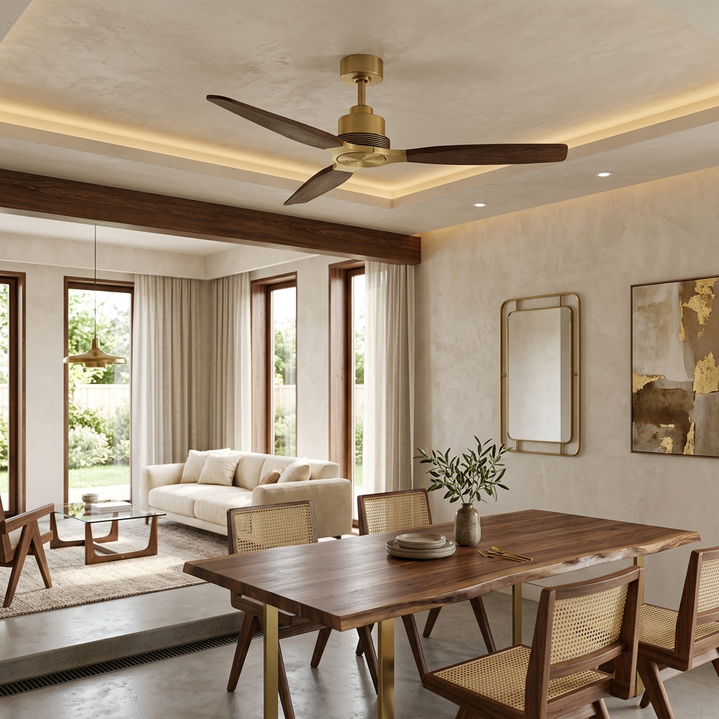 56" Soft Brass Solid Wood Blades Downrod Mount Ceiling Fan